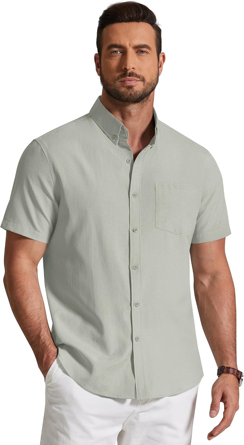 image:imageCOOFANDY Mens Short Sleeve Oxford Shirt Casual Button Down Shirts Summer Untucked Dress Shirt with PocketLight Green