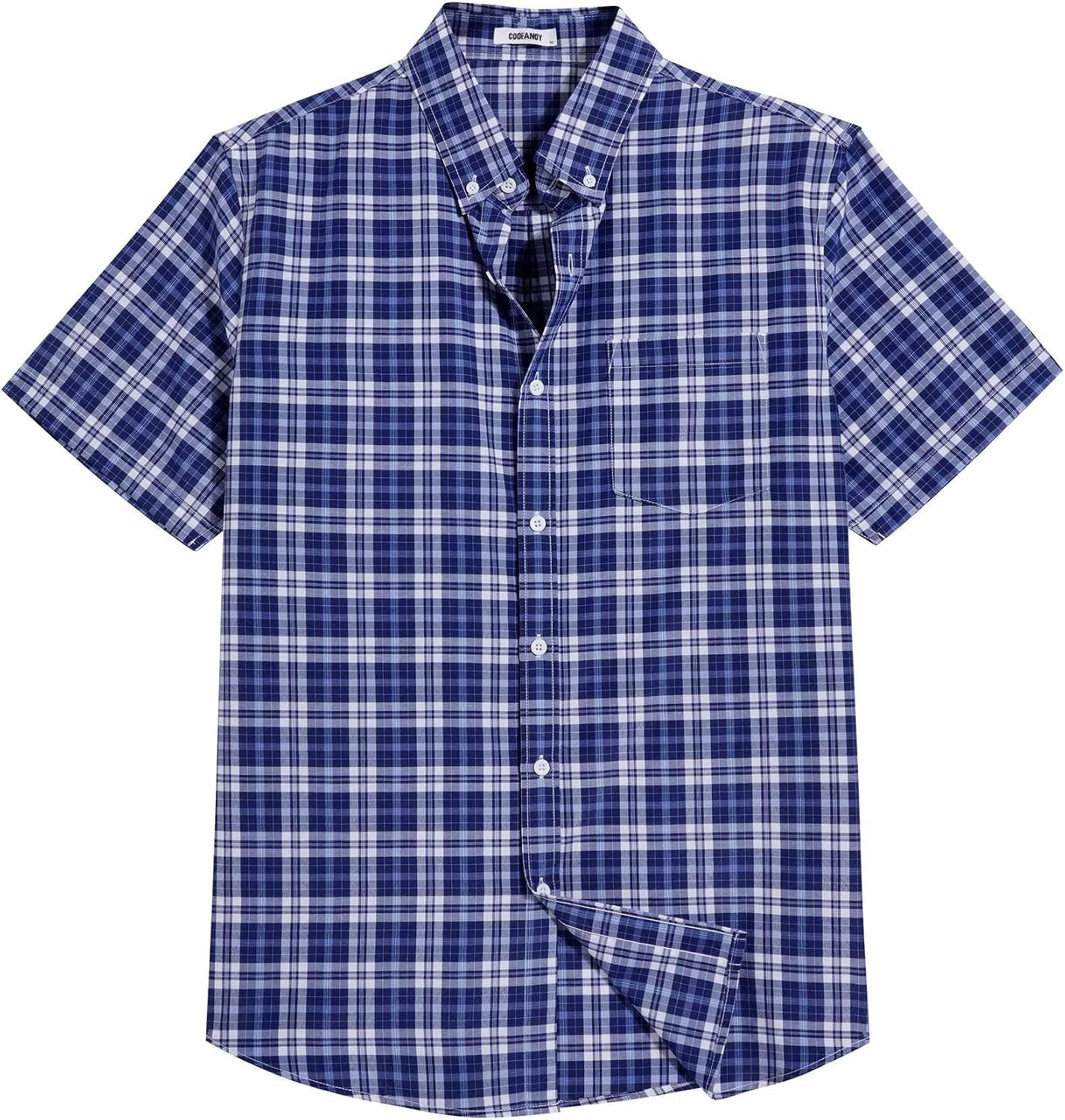 image:imageCOOFANDY Mens Short Sleeve Oxford Shirt Casual Button Down Shirts Summer Untucked Dress Shirt with PocketNavy Blue Plaid