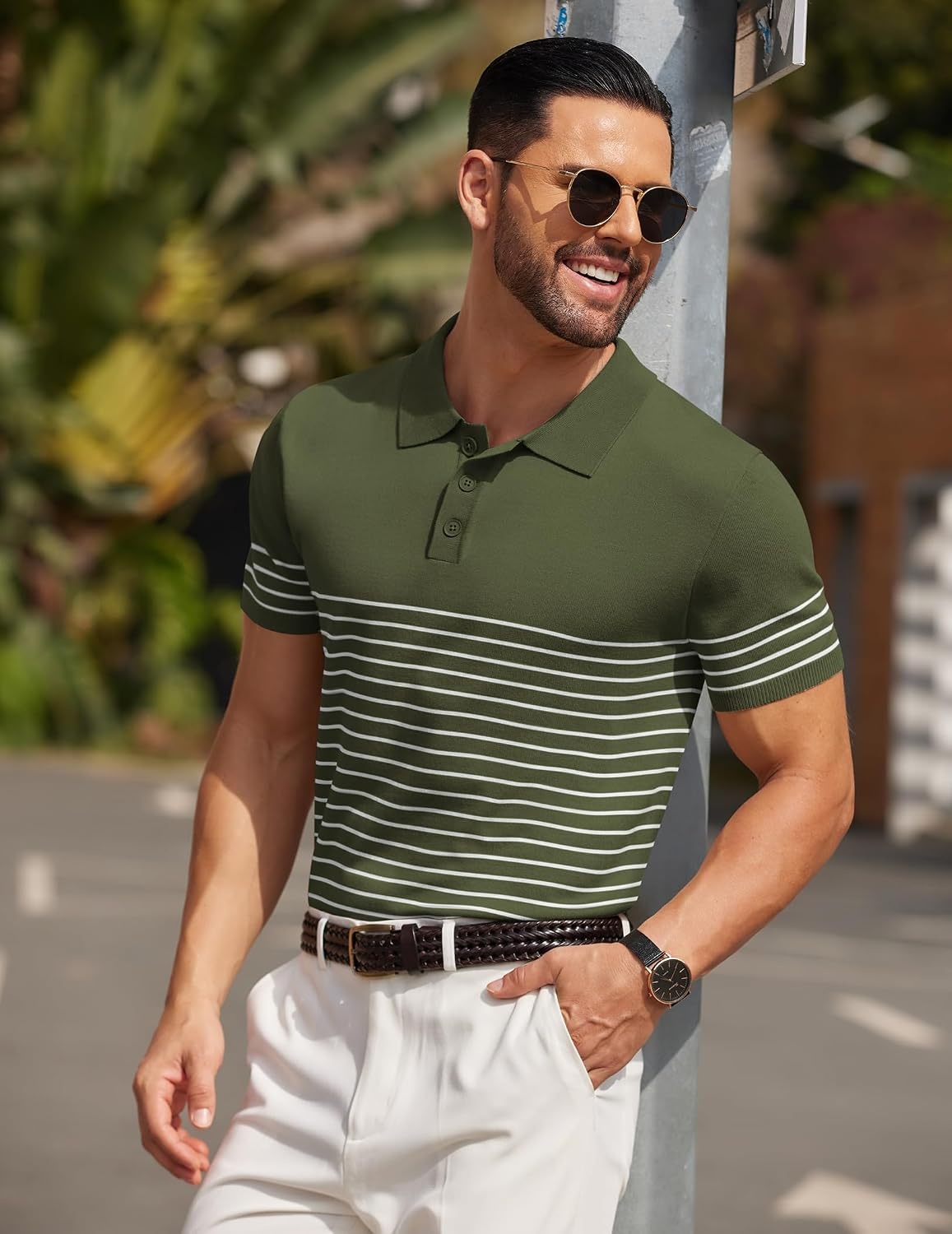 image:imageCOOFANDY Mens Short Sleeve Polo Shirts Vintage Knitted Shirt Casual Button Down Golf ShirtsArmy Green White Stripes