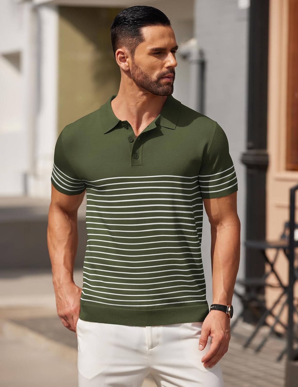 image:imageCOOFANDY Mens Short Sleeve Polo Shirts Vintage Knitted Shirt Casual Button Down Golf ShirtsArmy Green White Stripes