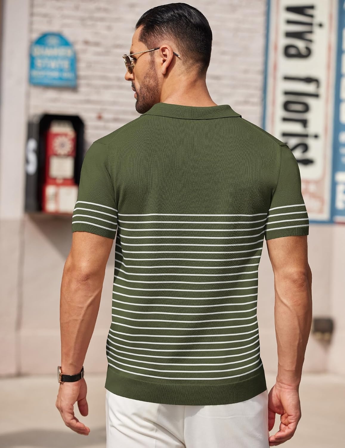 image:imageCOOFANDY Mens Short Sleeve Polo Shirts Vintage Knitted Shirt Casual Button Down Golf ShirtsArmy Green White Stripes