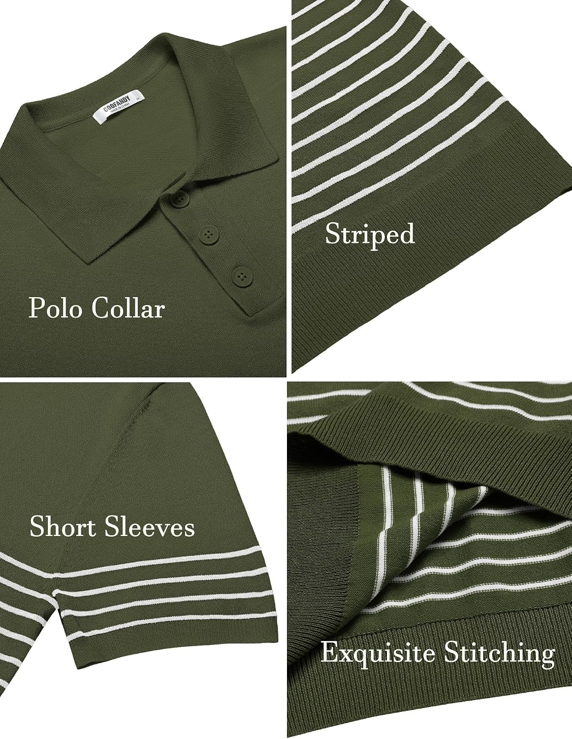 image:imageCOOFANDY Mens Short Sleeve Polo Shirts Vintage Knitted Shirt Casual Button Down Golf ShirtsArmy Green White Stripes