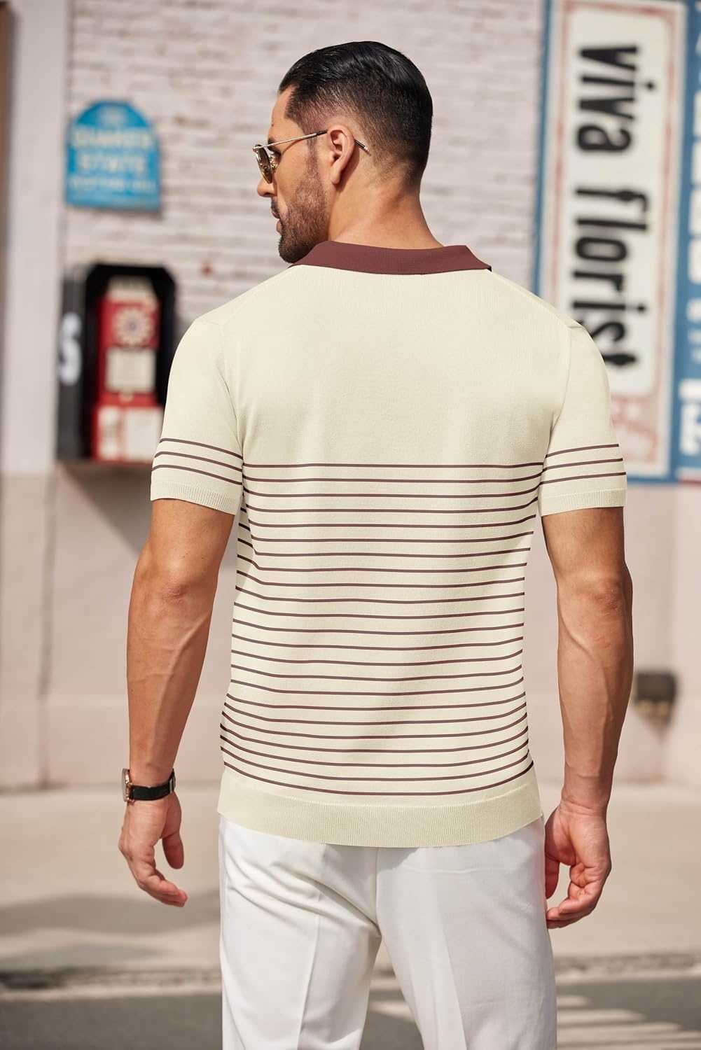 image:imageCOOFANDY Mens Short Sleeve Polo Shirts Vintage Knitted Shirt Casual Button Down Golf ShirtsBeige Brown Stripes