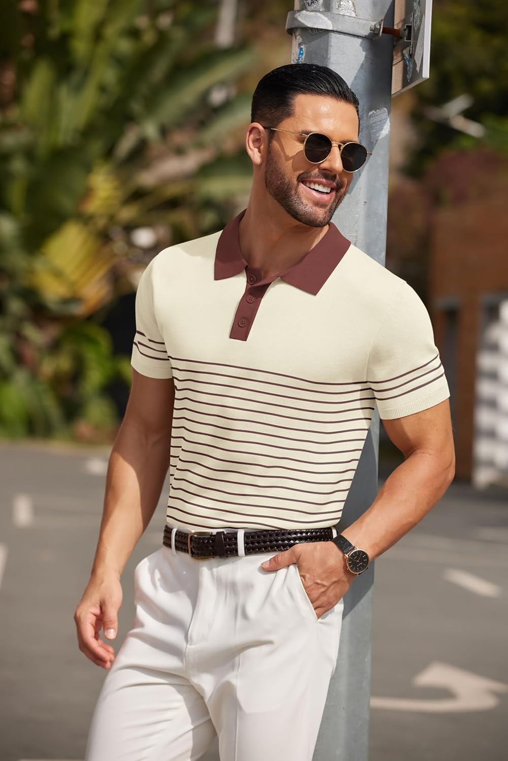image:imageCOOFANDY Mens Short Sleeve Polo Shirts Vintage Knitted Shirt Casual Button Down Golf ShirtsBeige Brown Stripes