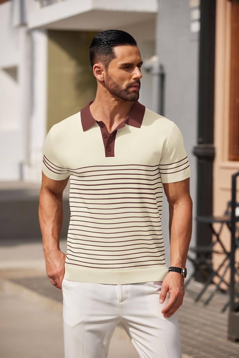image:imageCOOFANDY Mens Short Sleeve Polo Shirts Vintage Knitted Shirt Casual Button Down Golf ShirtsBeige Brown Stripes