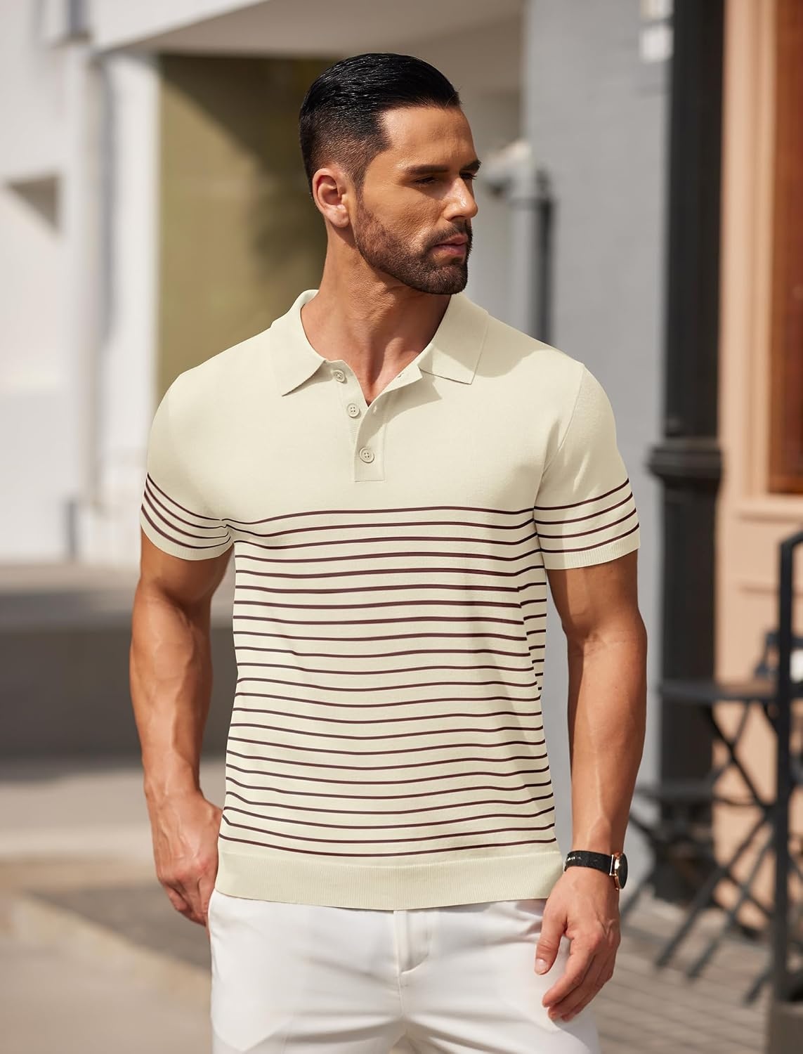 image:imageCOOFANDY Mens Short Sleeve Polo Shirts Vintage Knitted Shirt Casual Button Down Golf ShirtsBeige Caramel Stripes