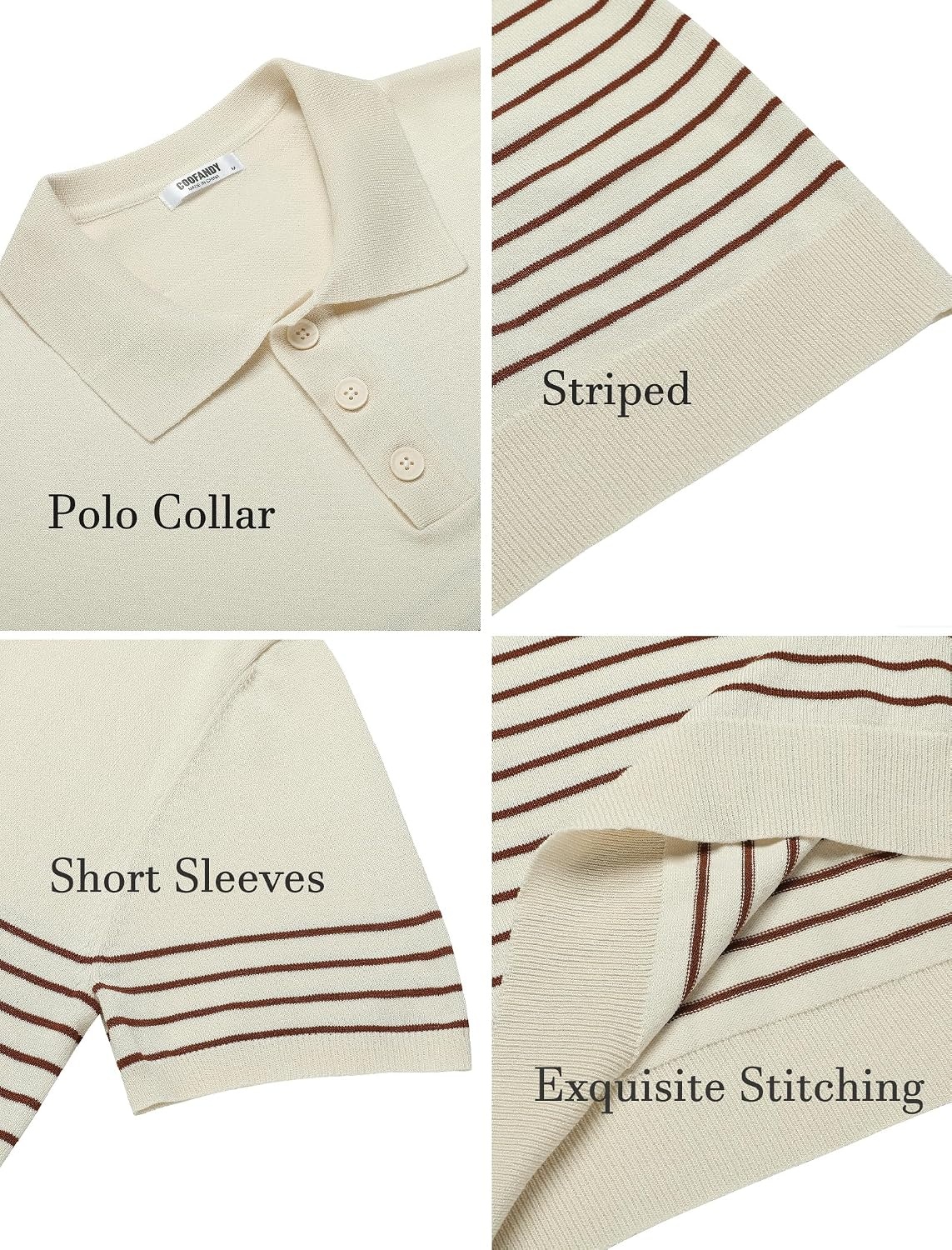 image:imageCOOFANDY Mens Short Sleeve Polo Shirts Vintage Knitted Shirt Casual Button Down Golf ShirtsBeige Caramel Stripes