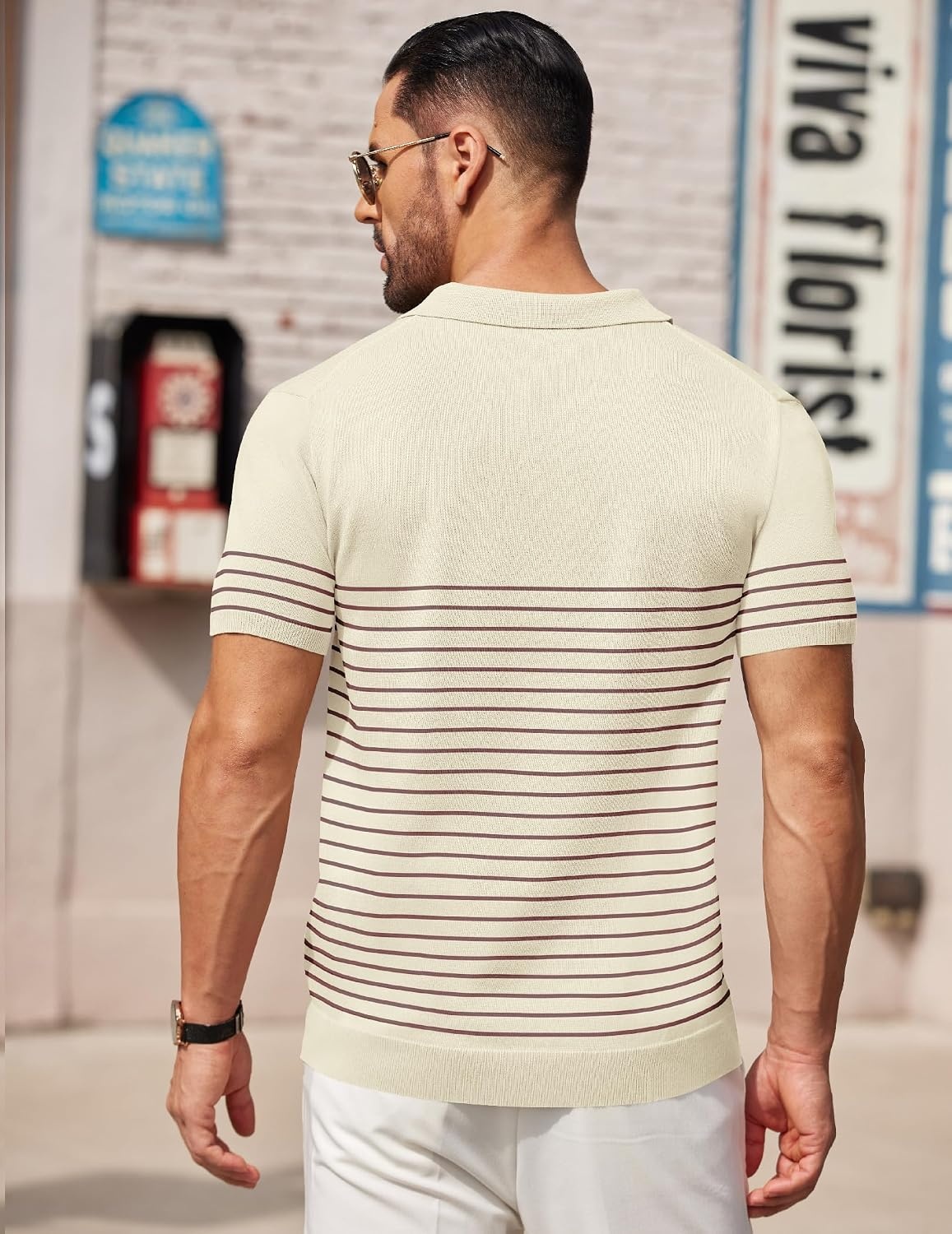 image:imageCOOFANDY Mens Short Sleeve Polo Shirts Vintage Knitted Shirt Casual Button Down Golf ShirtsBeige Caramel Stripes