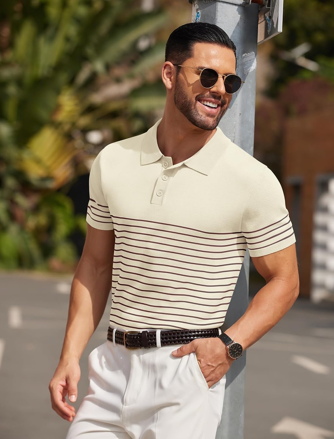 image:imageCOOFANDY Mens Short Sleeve Polo Shirts Vintage Knitted Shirt Casual Button Down Golf ShirtsBeige Caramel Stripes