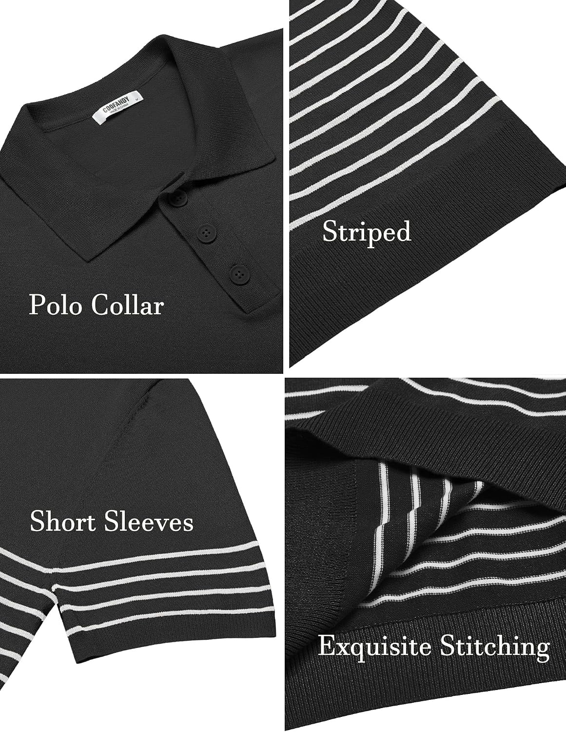 image:imageCOOFANDY Mens Short Sleeve Polo Shirts Vintage Knitted Shirt Casual Button Down Golf ShirtsBlack White Stripes