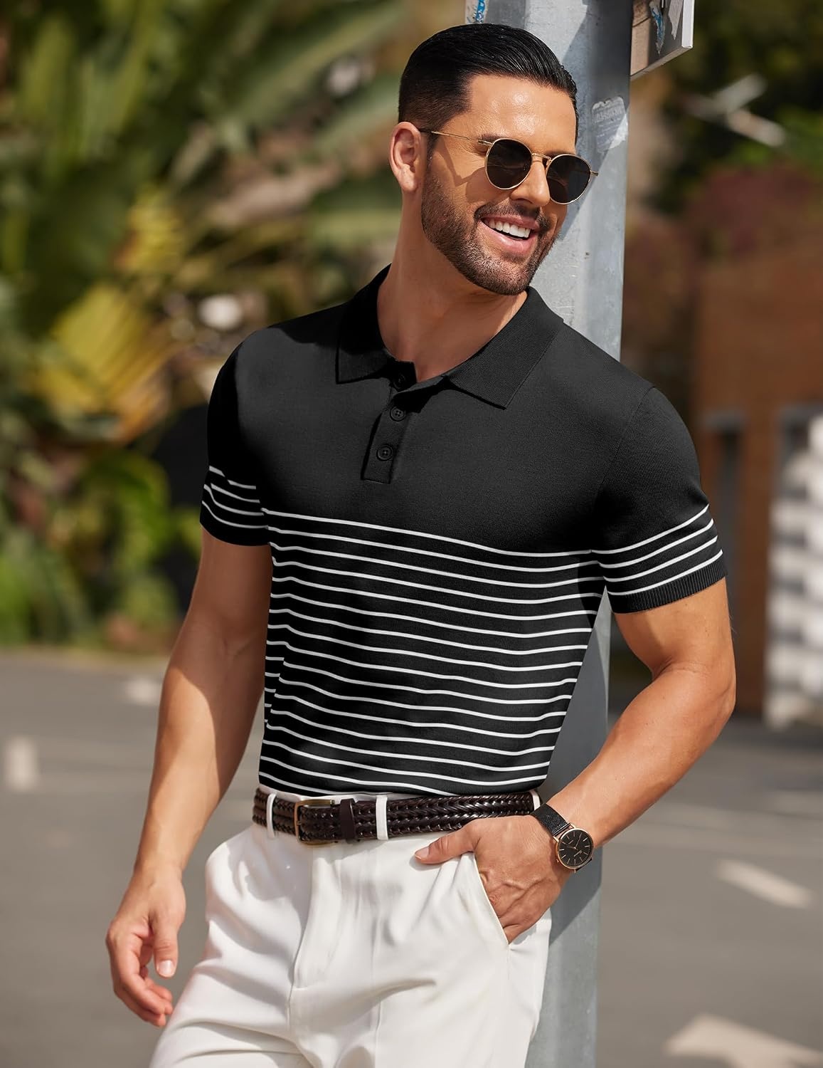 image:imageCOOFANDY Mens Short Sleeve Polo Shirts Vintage Knitted Shirt Casual Button Down Golf ShirtsBlack White Stripes