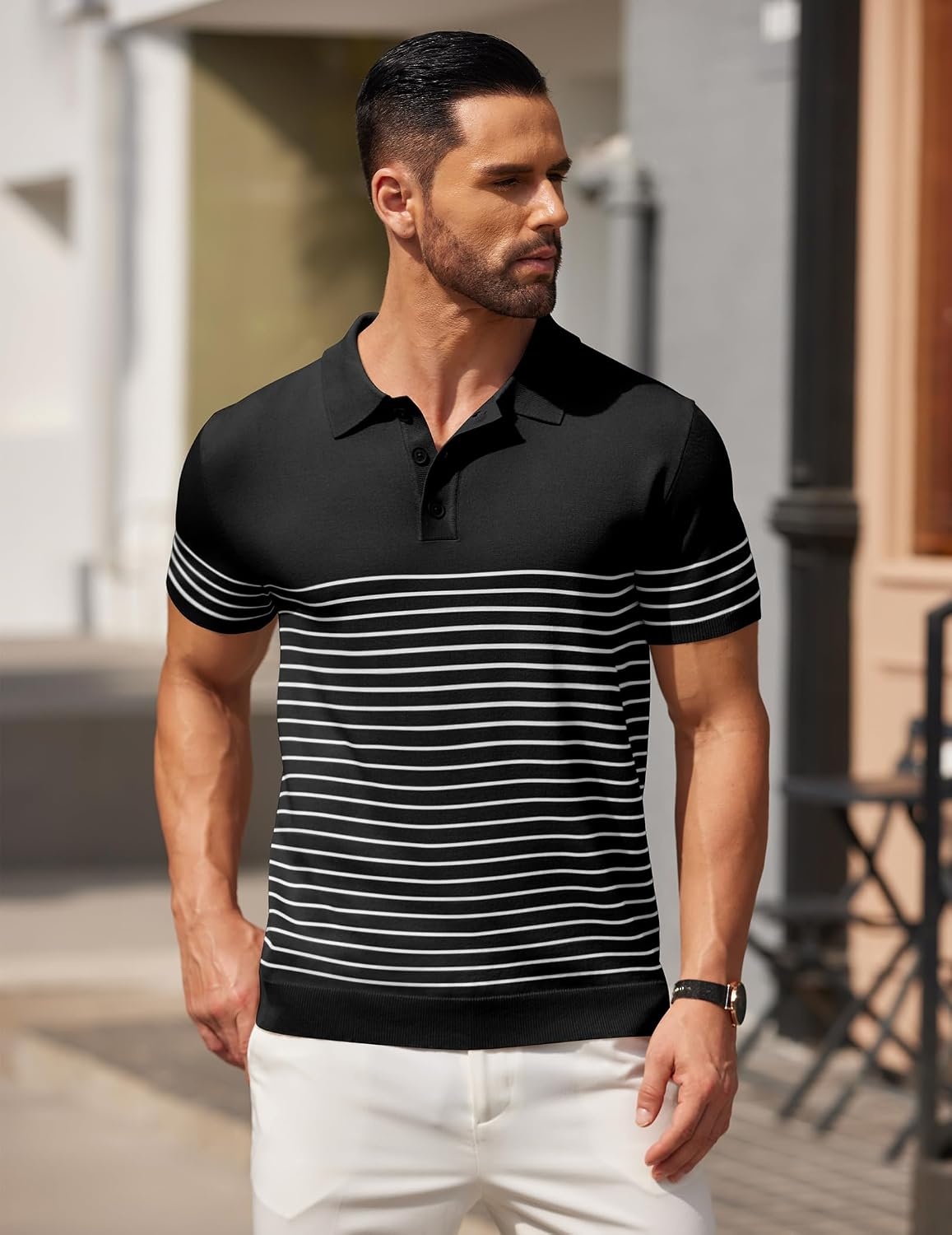 image:imageCOOFANDY Mens Short Sleeve Polo Shirts Vintage Knitted Shirt Casual Button Down Golf ShirtsBlack White Stripes