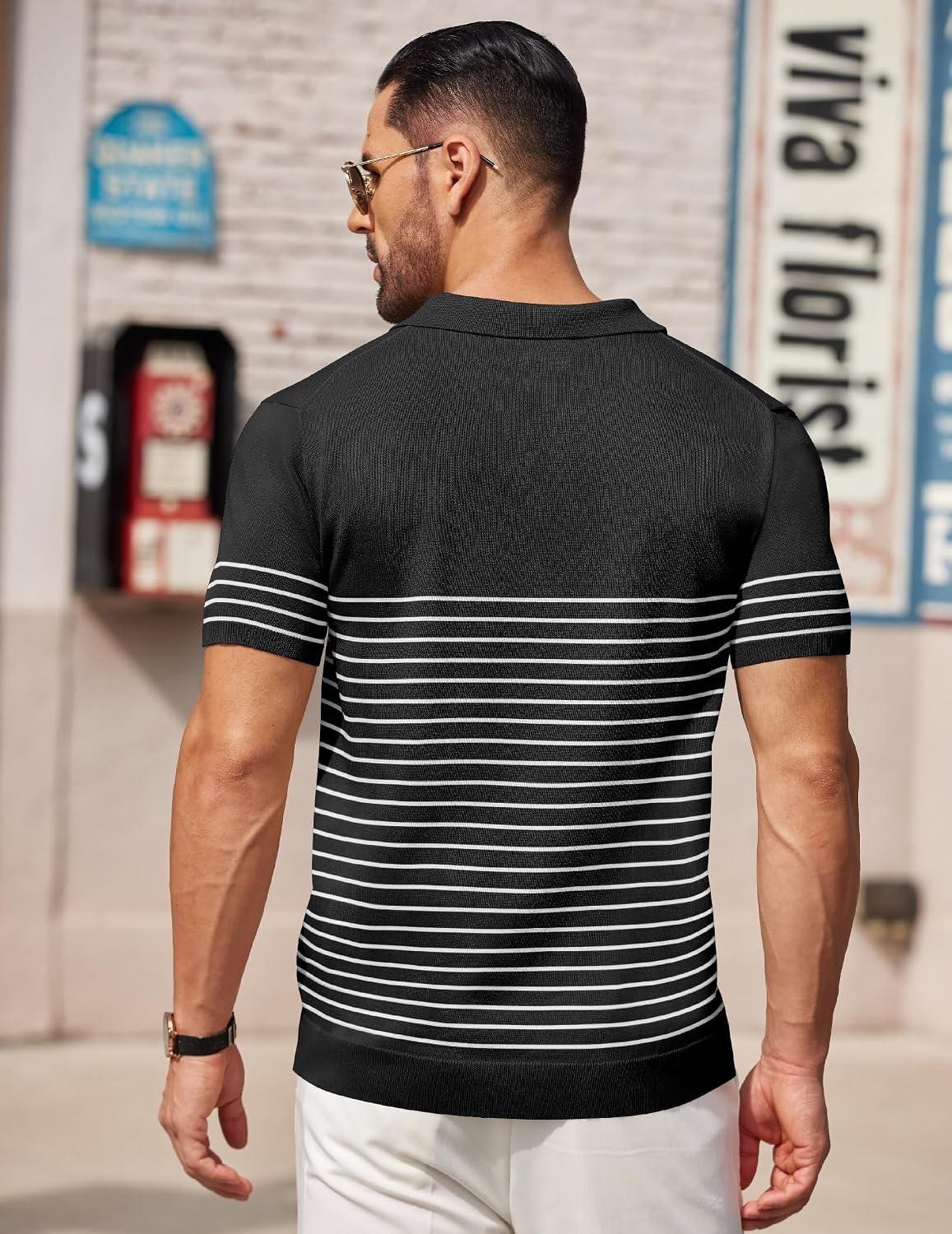 image:imageCOOFANDY Mens Short Sleeve Polo Shirts Vintage Knitted Shirt Casual Button Down Golf ShirtsBlack White Stripes