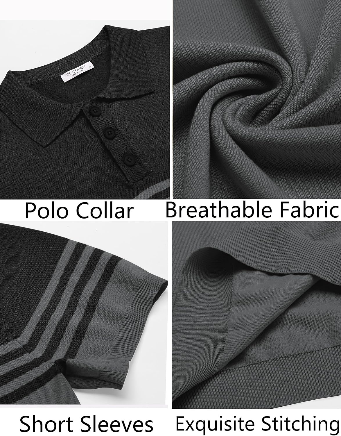 image:imageCOOFANDY Mens Short Sleeve Polo Shirts Vintage Knitted Shirt Casual Button Down Golf ShirtsBlack and Dark Grey