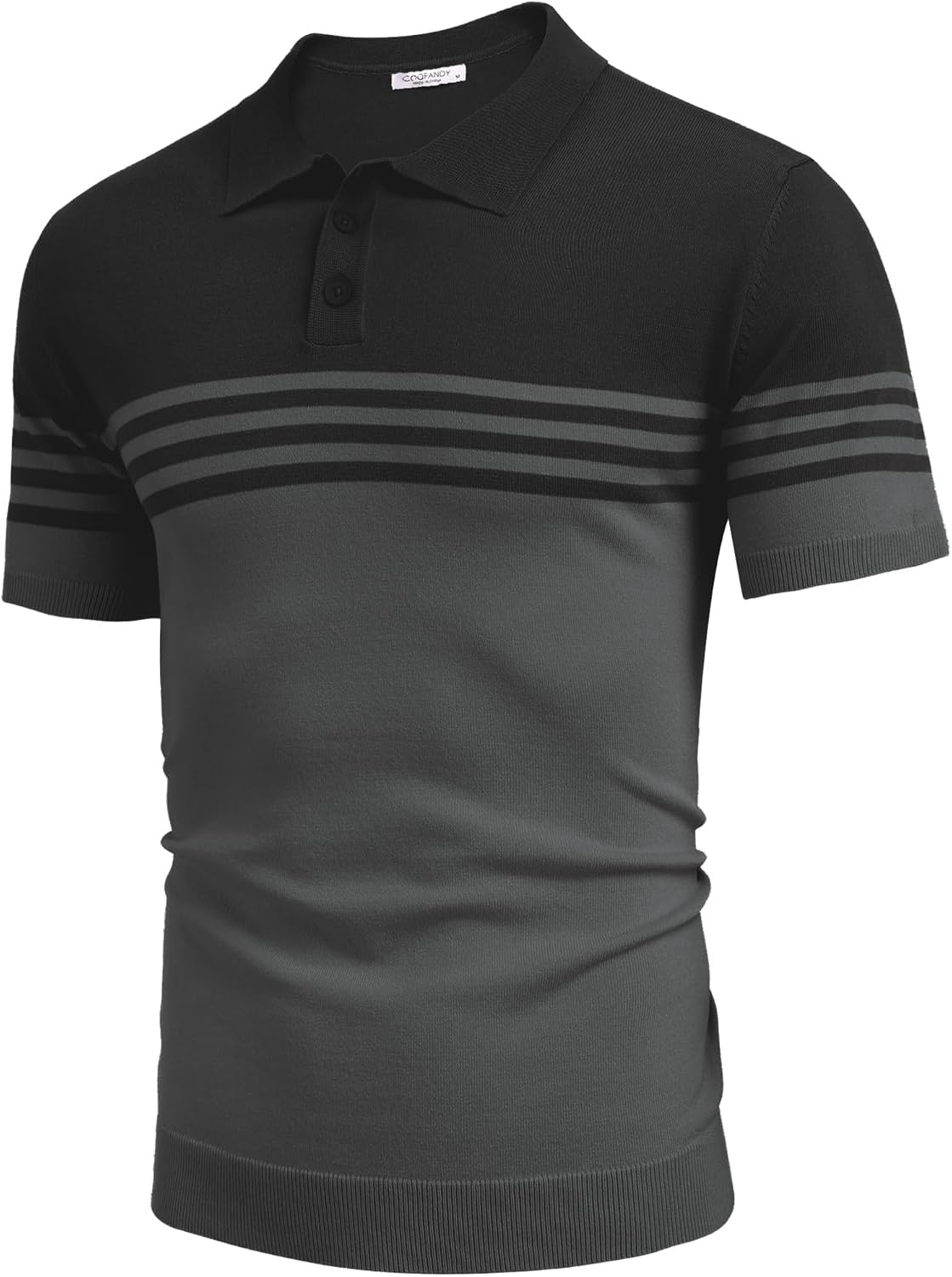 image:imageCOOFANDY Mens Short Sleeve Polo Shirts Vintage Knitted Shirt Casual Button Down Golf ShirtsBlack and Dark Grey