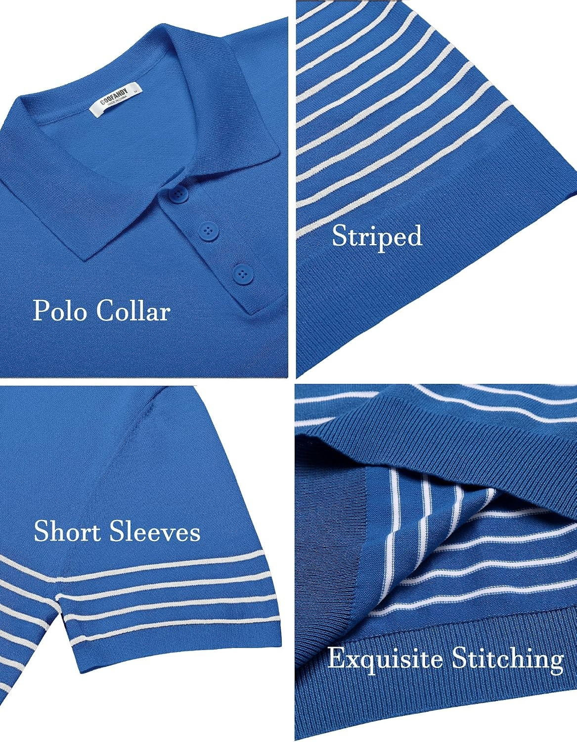 image:imageCOOFANDY Mens Short Sleeve Polo Shirts Vintage Knitted Shirt Casual Button Down Golf ShirtsBlue White Stripes