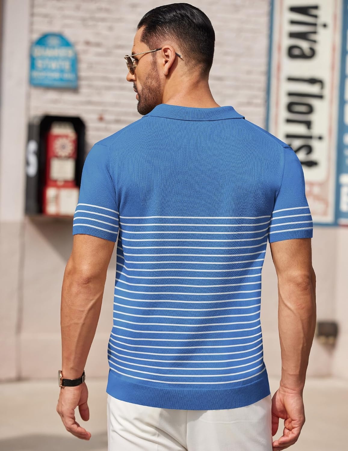 image:imageCOOFANDY Mens Short Sleeve Polo Shirts Vintage Knitted Shirt Casual Button Down Golf ShirtsBlue White Stripes