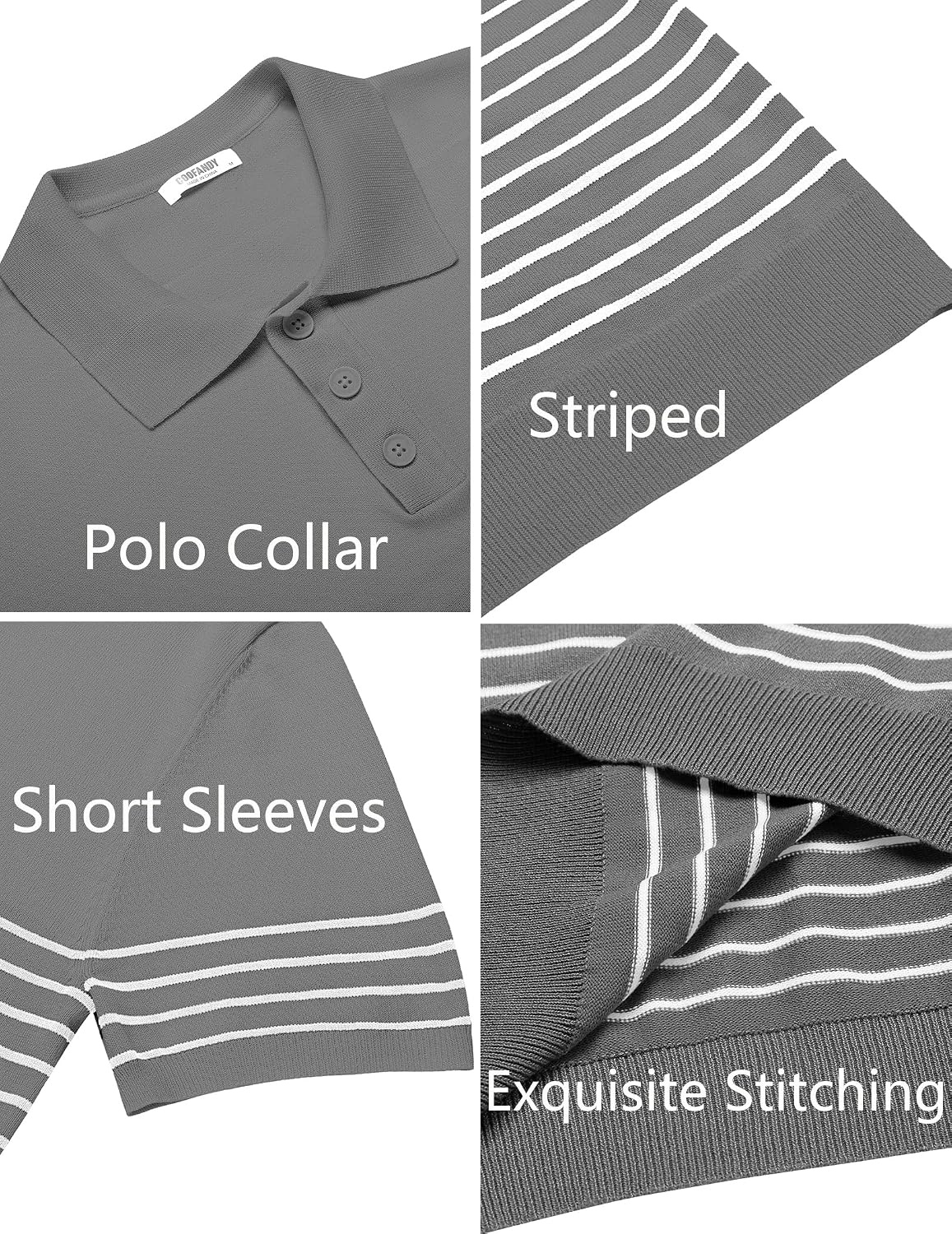 image:imageCOOFANDY Mens Short Sleeve Polo Shirts Vintage Knitted Shirt Casual Button Down Golf ShirtsGrey White Stripes