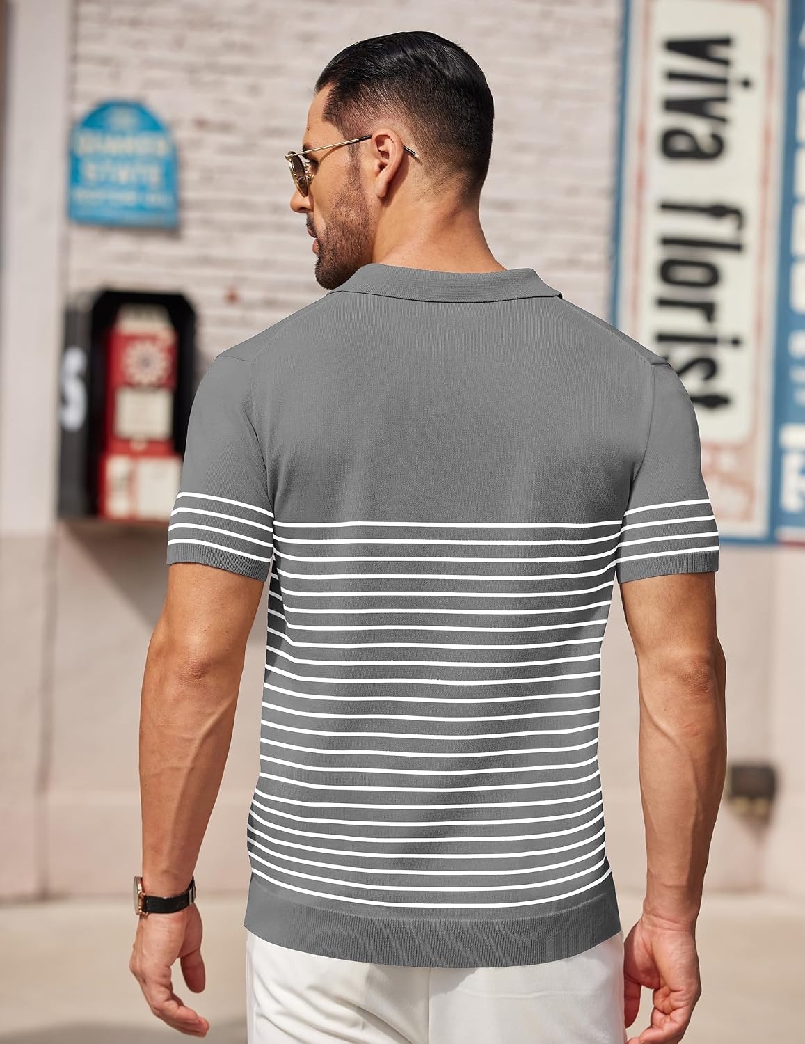 image:imageCOOFANDY Mens Short Sleeve Polo Shirts Vintage Knitted Shirt Casual Button Down Golf ShirtsGrey White Stripes