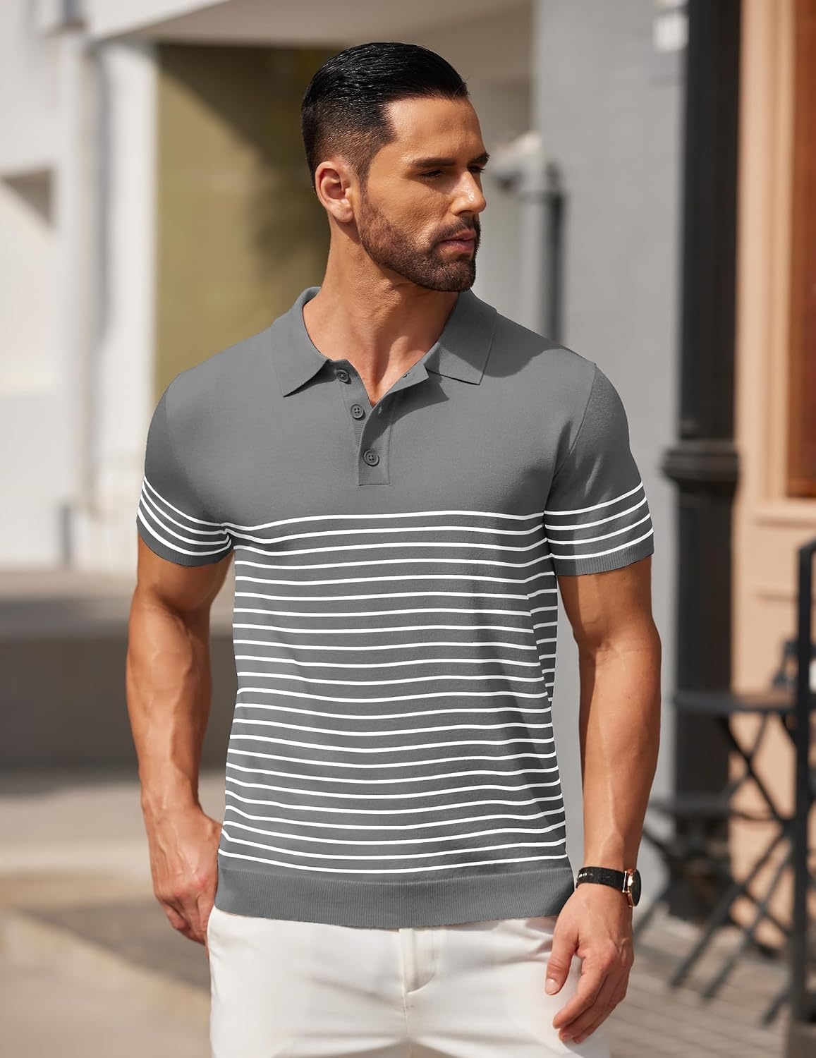image:imageCOOFANDY Mens Short Sleeve Polo Shirts Vintage Knitted Shirt Casual Button Down Golf ShirtsGrey White Stripes