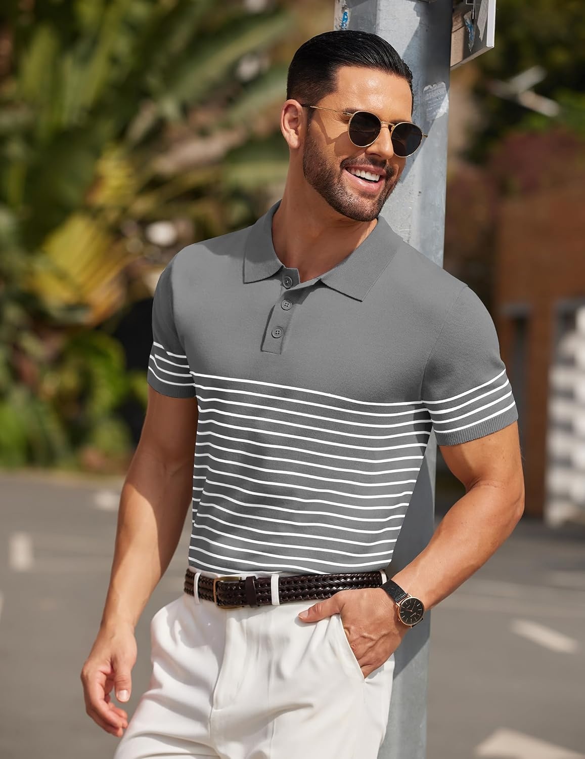 image:imageCOOFANDY Mens Short Sleeve Polo Shirts Vintage Knitted Shirt Casual Button Down Golf ShirtsGrey White Stripes