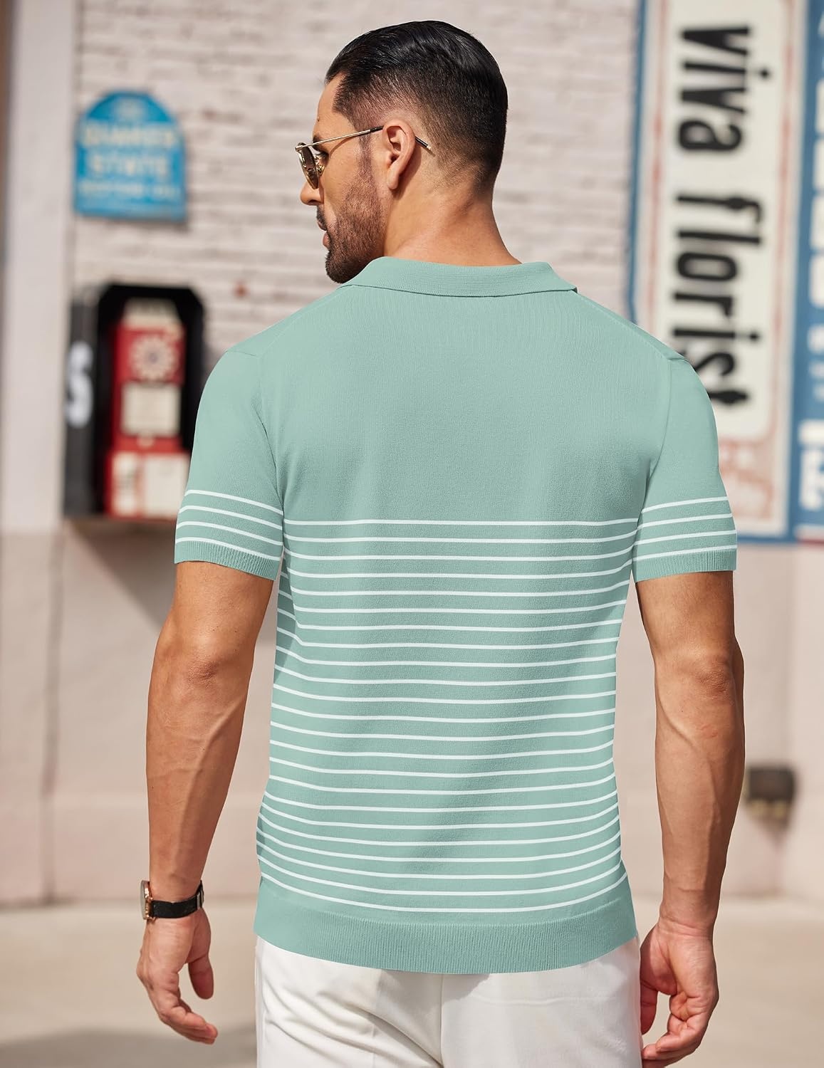 image:imageCOOFANDY Mens Short Sleeve Polo Shirts Vintage Knitted Shirt Casual Button Down Golf ShirtsIce Green White Stripes