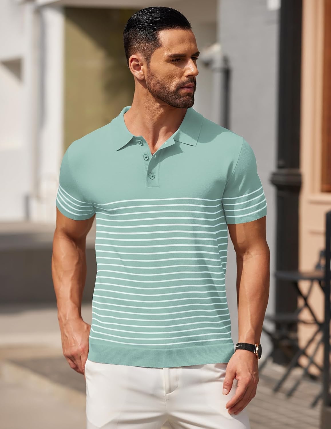 image:imageCOOFANDY Mens Short Sleeve Polo Shirts Vintage Knitted Shirt Casual Button Down Golf ShirtsIce Green White Stripes
