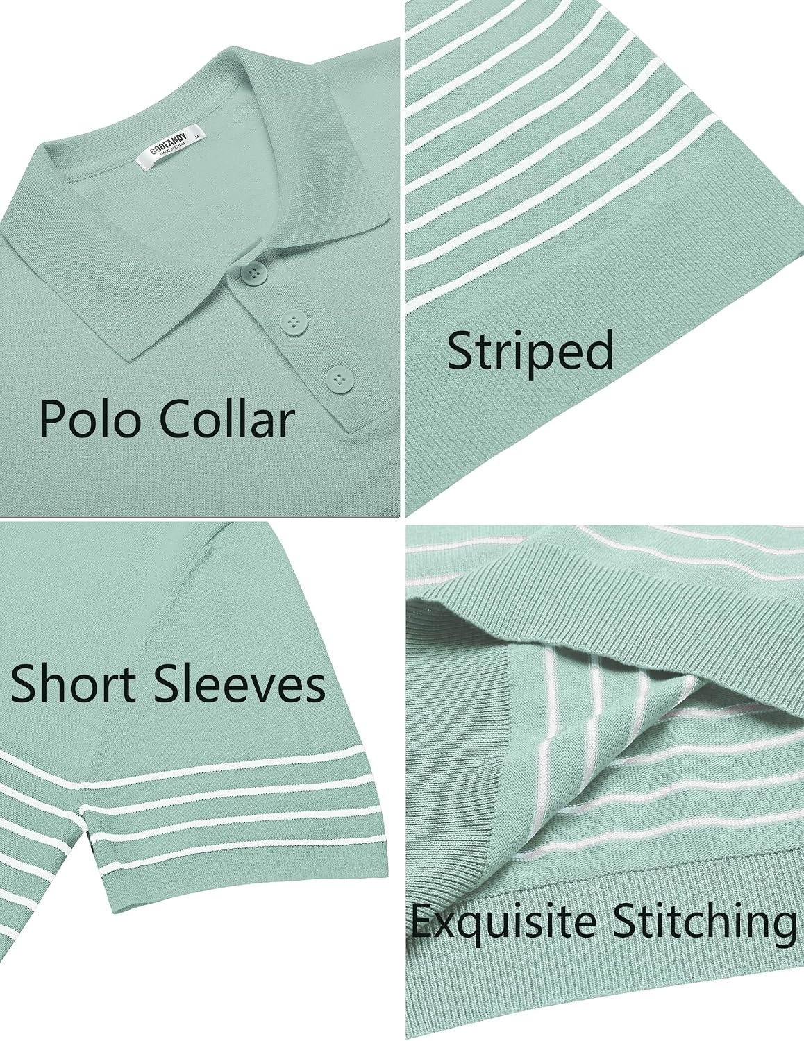 image:imageCOOFANDY Mens Short Sleeve Polo Shirts Vintage Knitted Shirt Casual Button Down Golf ShirtsIce Green White Stripes