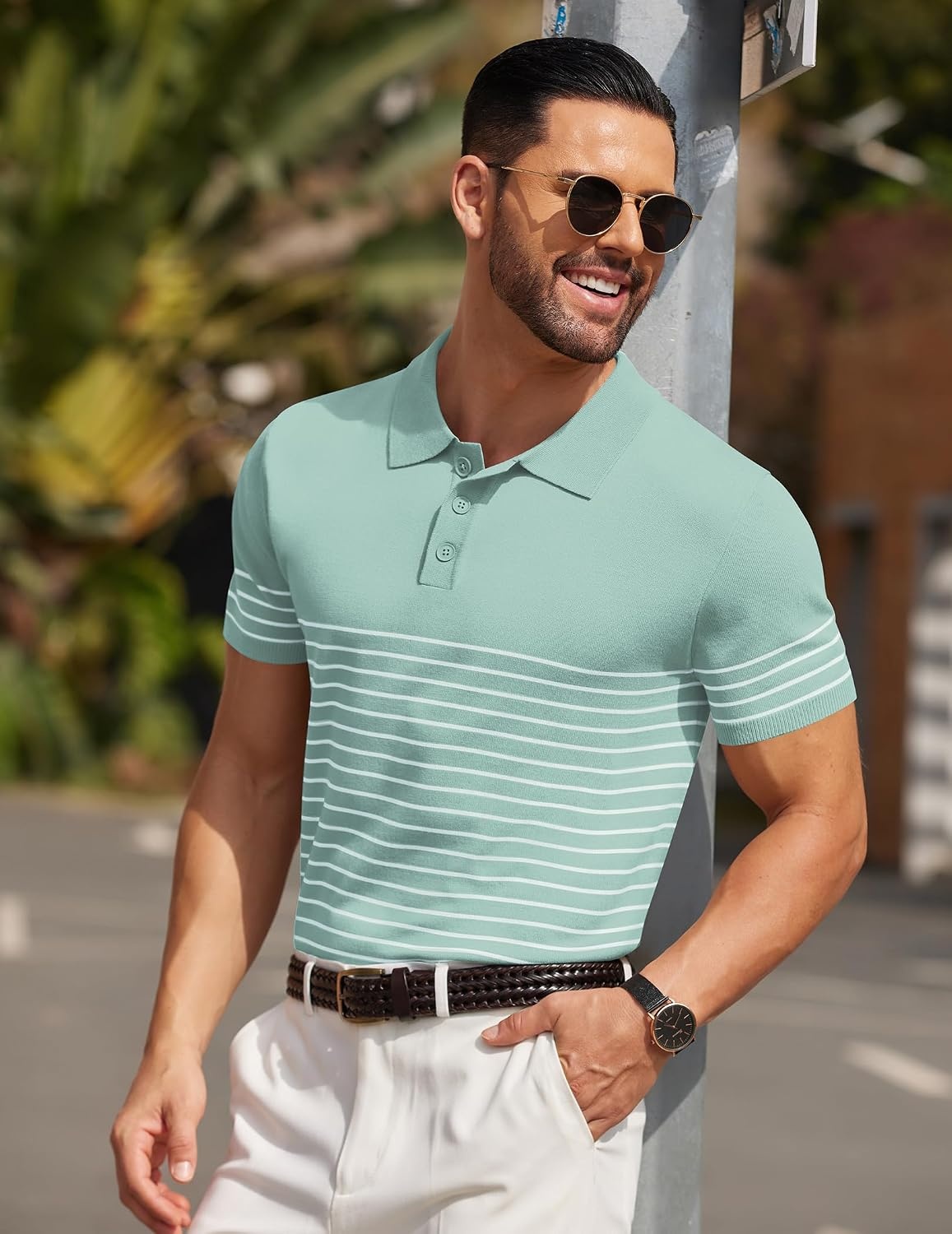image:imageCOOFANDY Mens Short Sleeve Polo Shirts Vintage Knitted Shirt Casual Button Down Golf ShirtsIce Green White Stripes