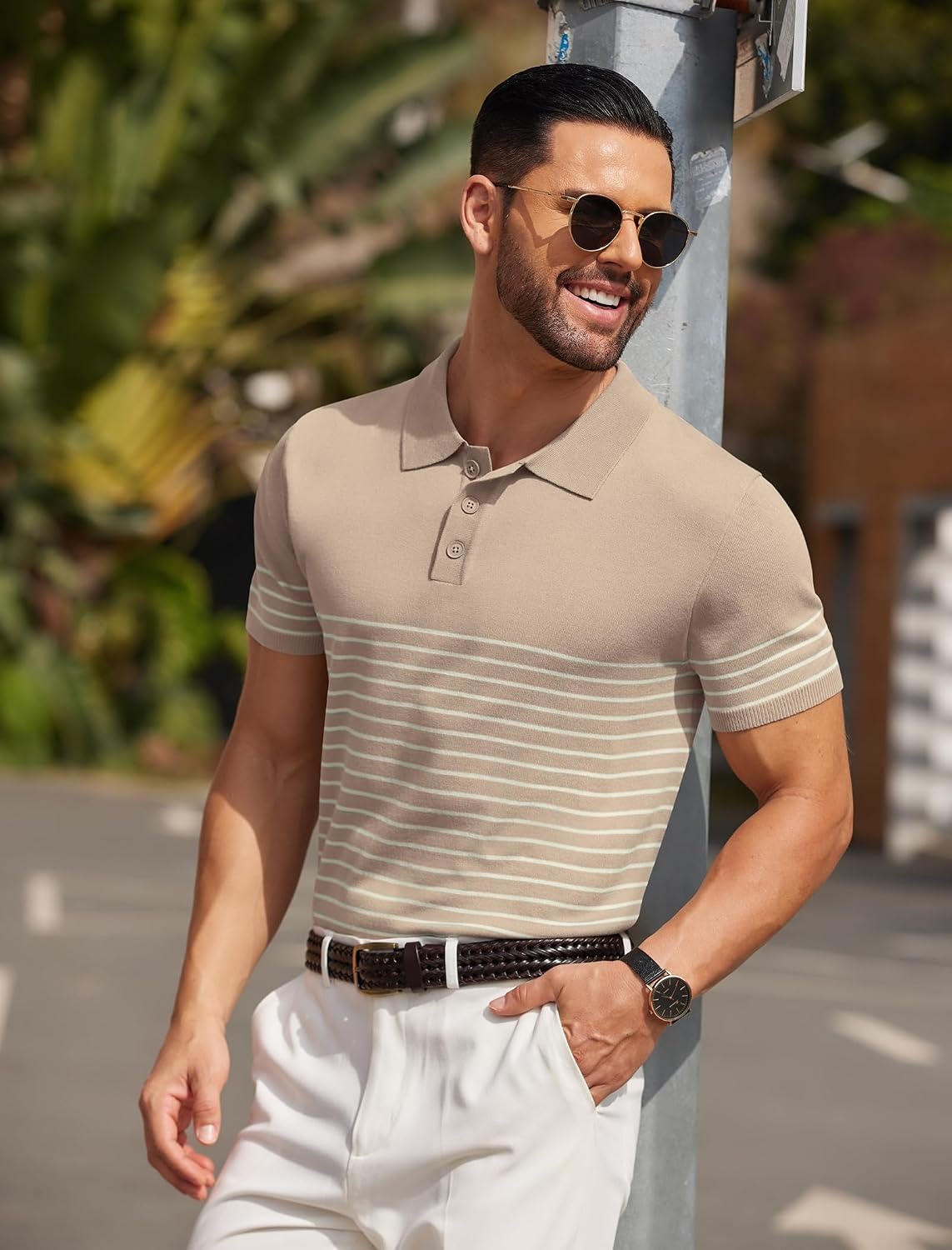 image:imageCOOFANDY Mens Short Sleeve Polo Shirts Vintage Knitted Shirt Casual Button Down Golf ShirtsKhaki Beige Stripes