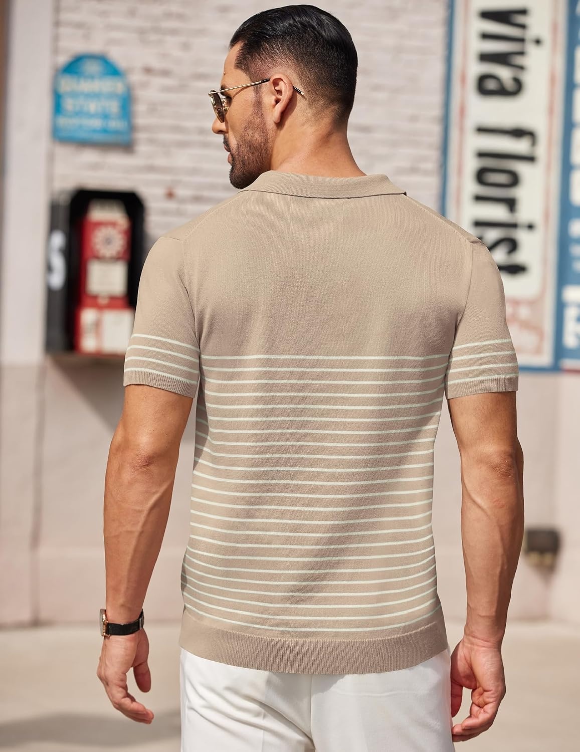 image:imageCOOFANDY Mens Short Sleeve Polo Shirts Vintage Knitted Shirt Casual Button Down Golf ShirtsKhaki Beige Stripes