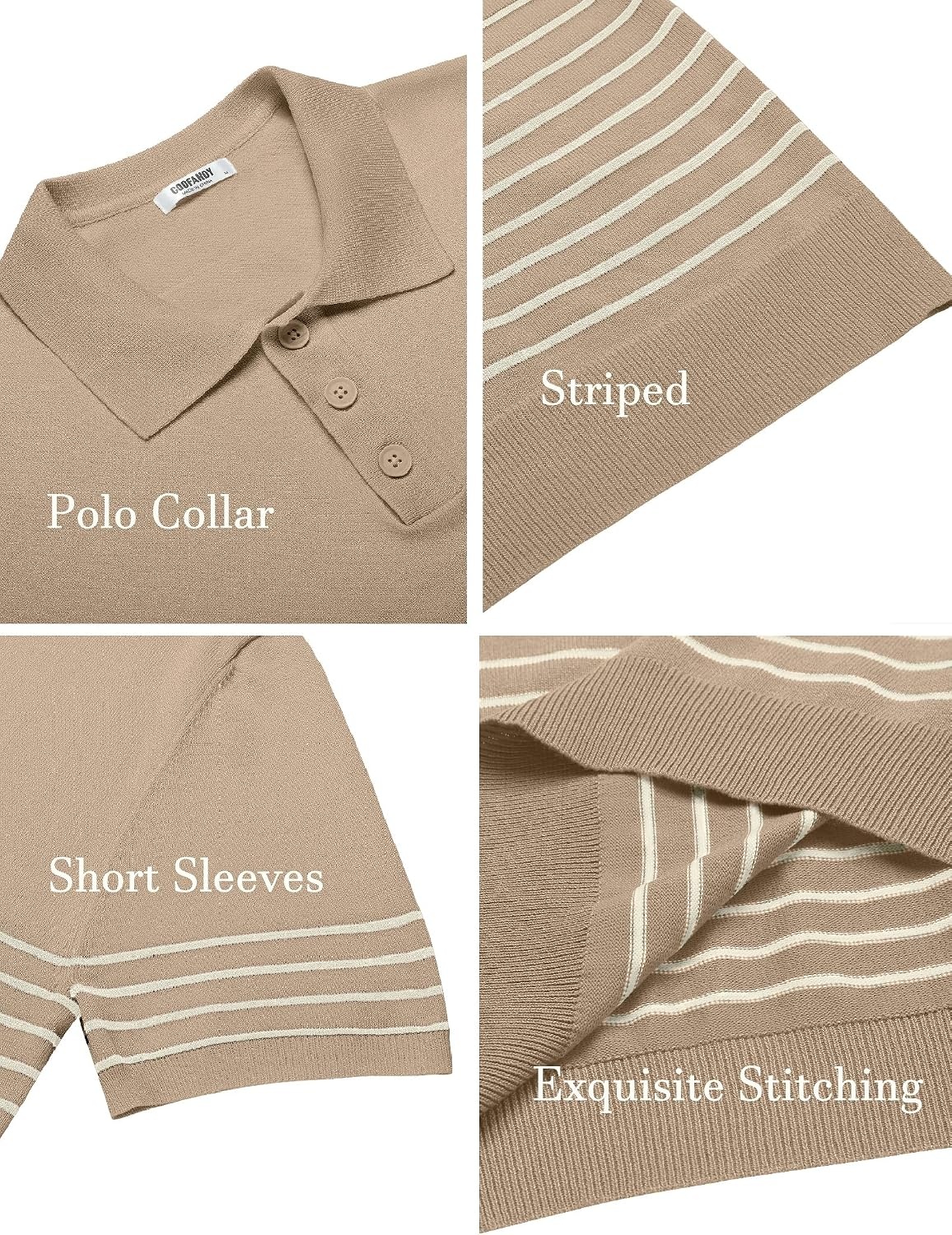 image:imageCOOFANDY Mens Short Sleeve Polo Shirts Vintage Knitted Shirt Casual Button Down Golf ShirtsKhaki Beige Stripes