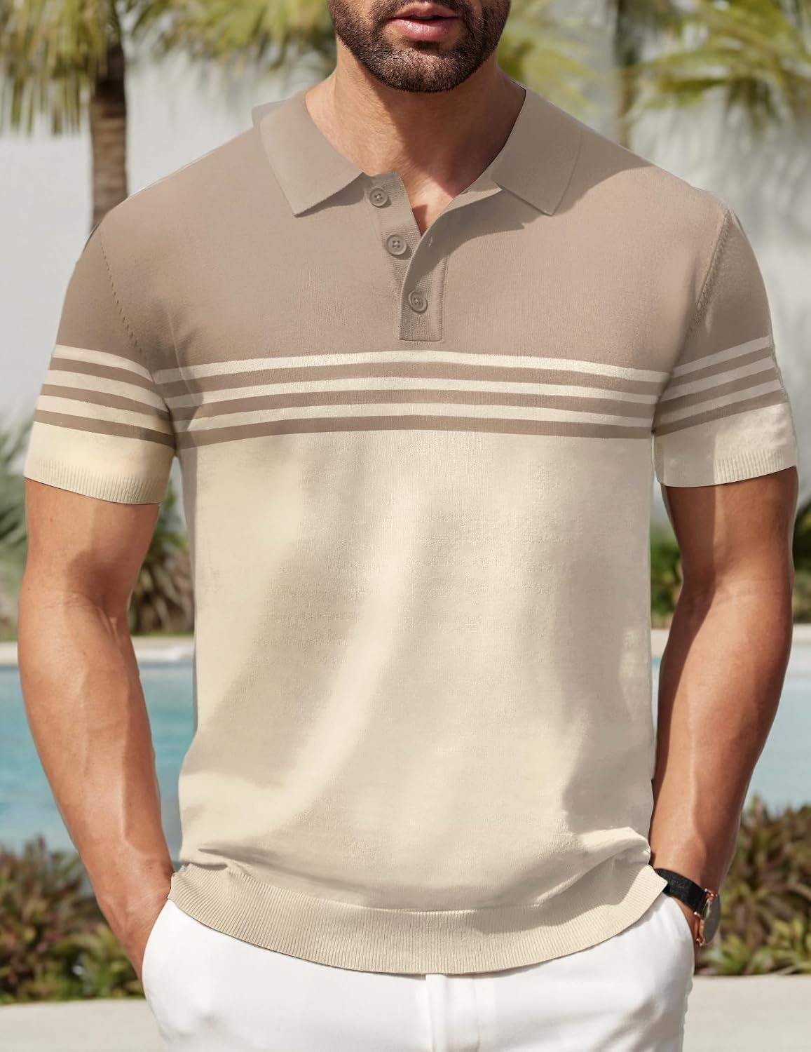 image:imageCOOFANDY Mens Short Sleeve Polo Shirts Vintage Knitted Shirt Casual Button Down Golf ShirtsKhaki and Beige