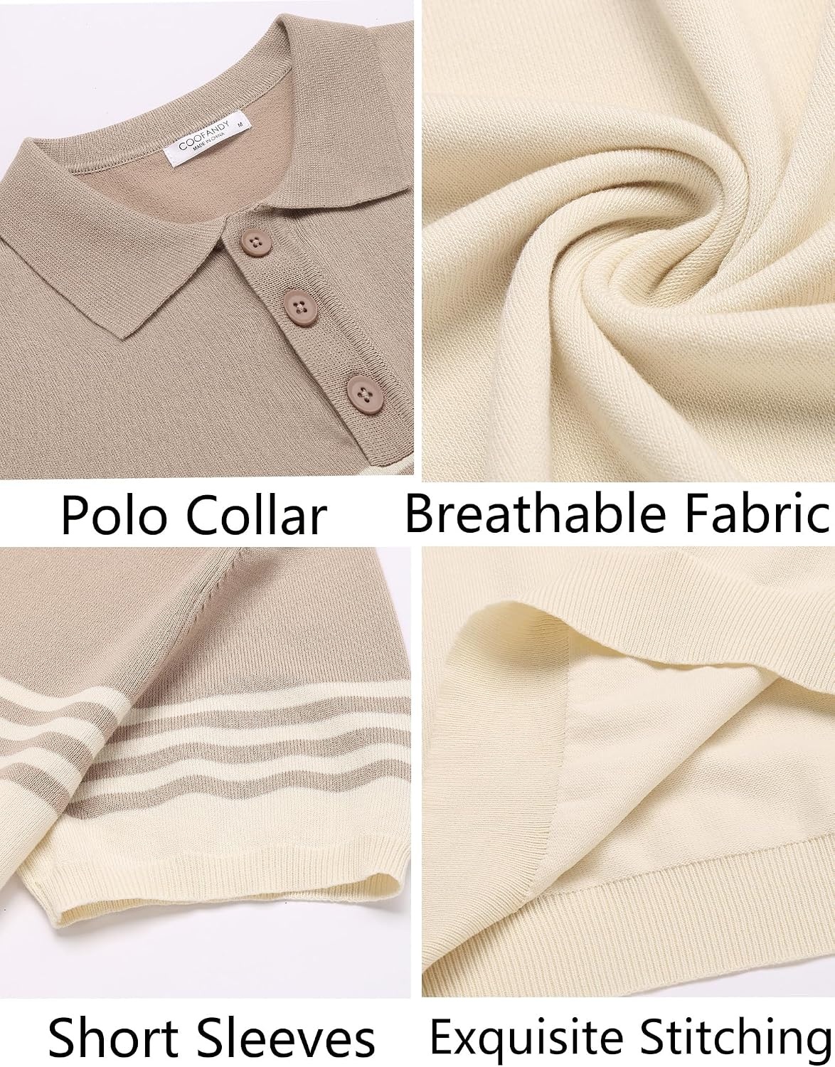 image:imageCOOFANDY Mens Short Sleeve Polo Shirts Vintage Knitted Shirt Casual Button Down Golf ShirtsKhaki and Beige