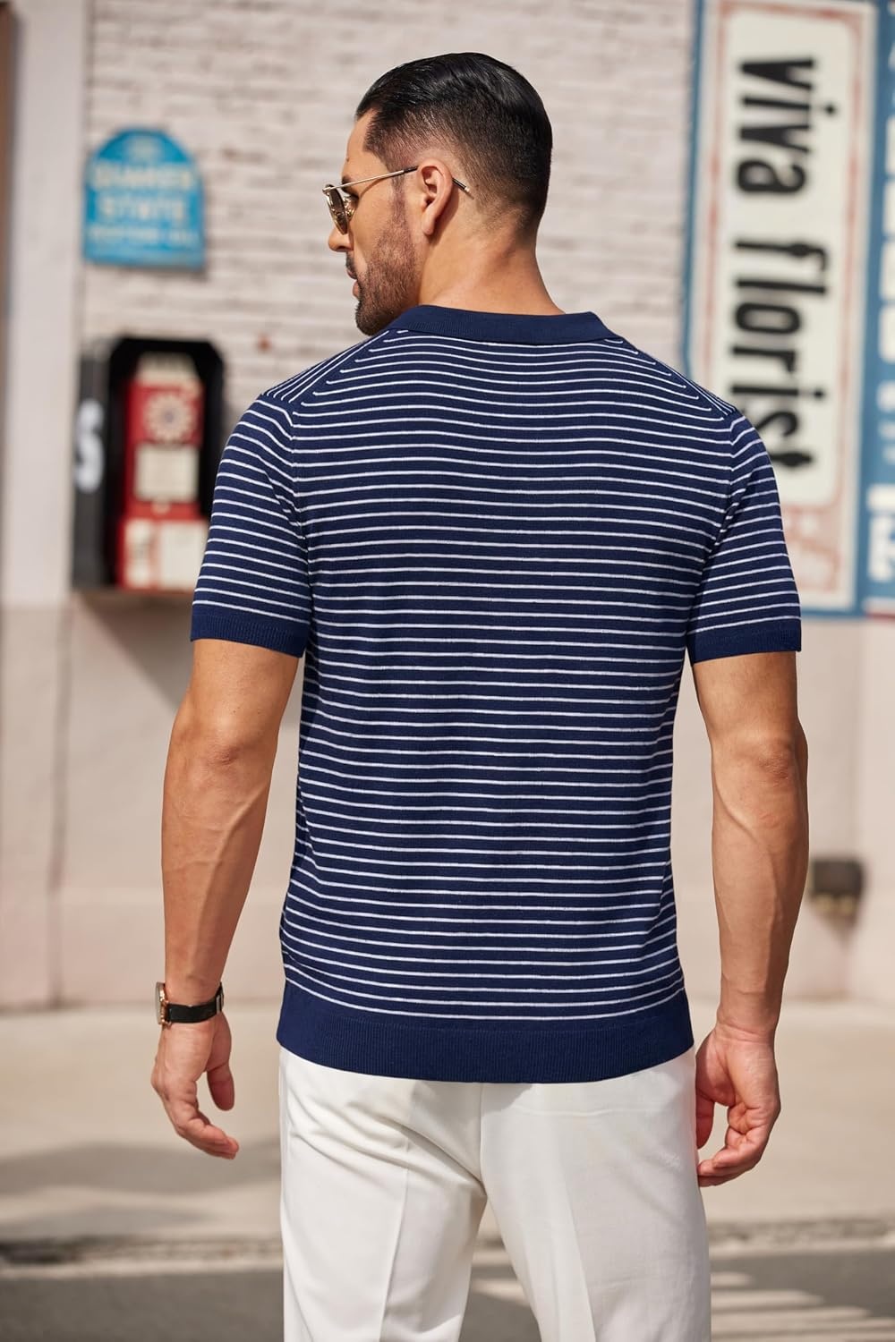 image:imageCOOFANDY Mens Short Sleeve Polo Shirts Vintage Knitted Shirt Casual Button Down Golf ShirtsNavy Blue Full Stripes