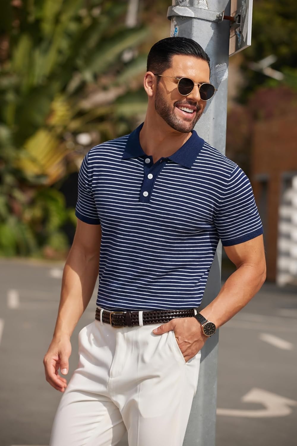 image:imageCOOFANDY Mens Short Sleeve Polo Shirts Vintage Knitted Shirt Casual Button Down Golf ShirtsNavy Blue Full Stripes
