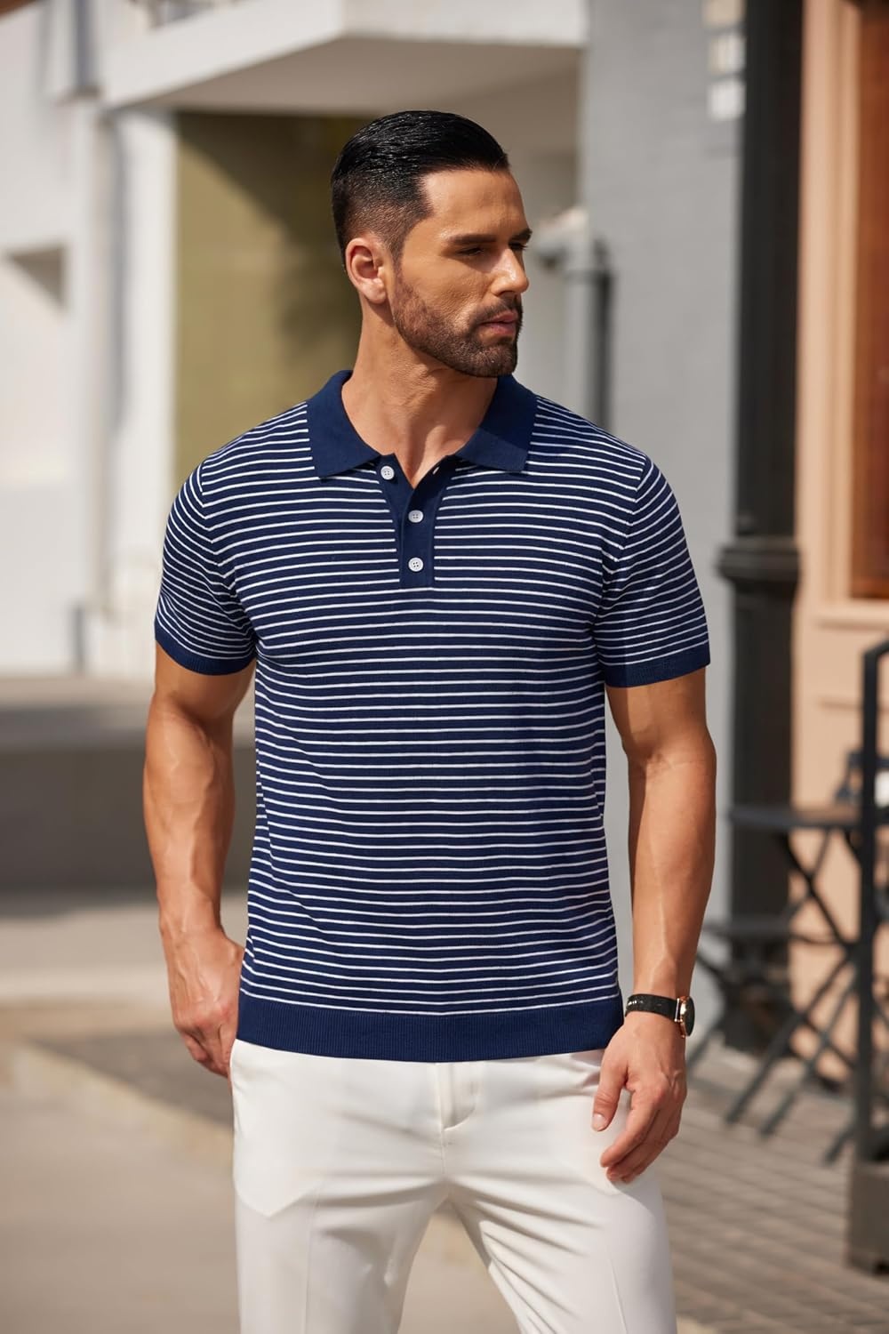 image:imageCOOFANDY Mens Short Sleeve Polo Shirts Vintage Knitted Shirt Casual Button Down Golf ShirtsNavy Blue Full Stripes