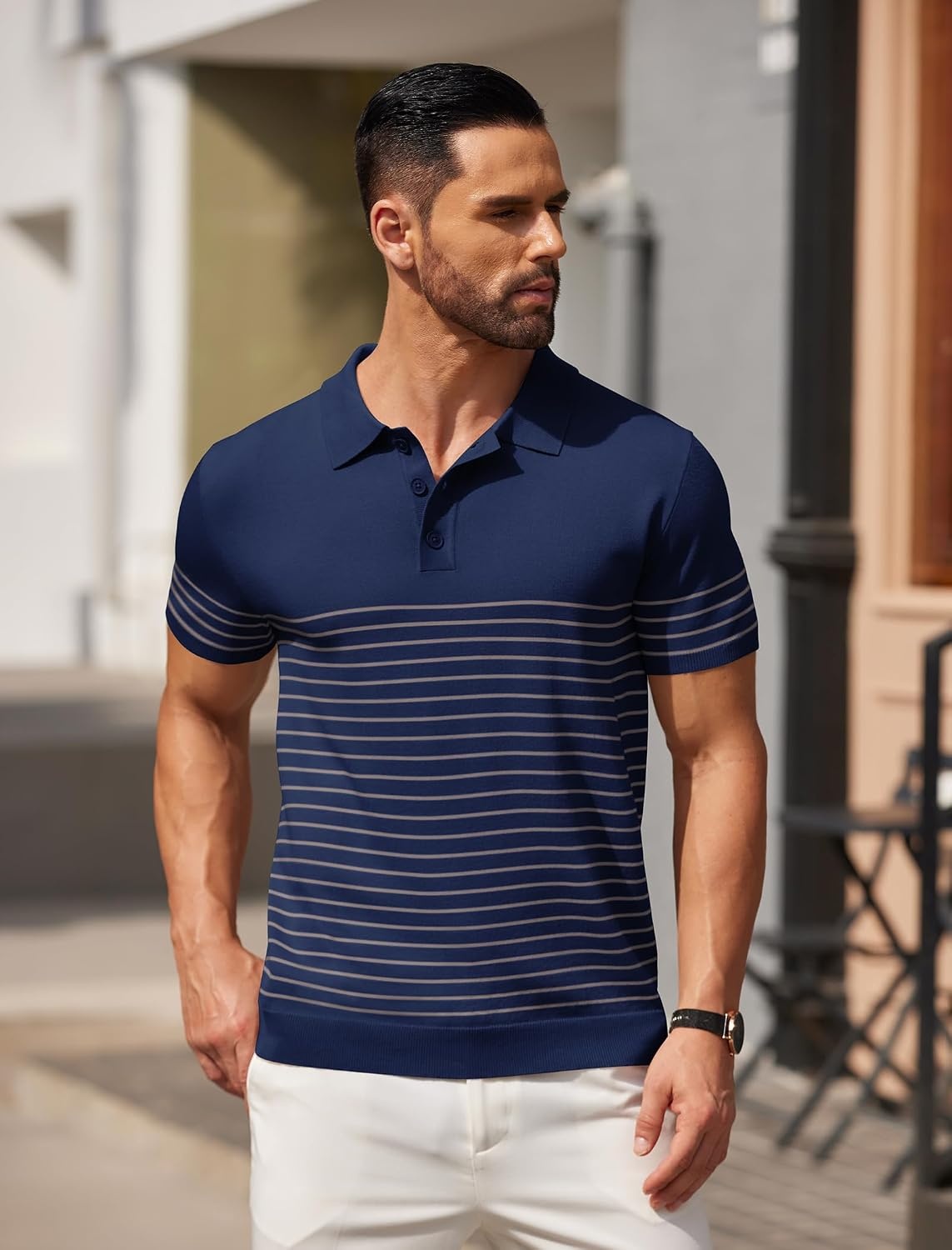 image:imageCOOFANDY Mens Short Sleeve Polo Shirts Vintage Knitted Shirt Casual Button Down Golf ShirtsNavy Blue Grey Stripes
