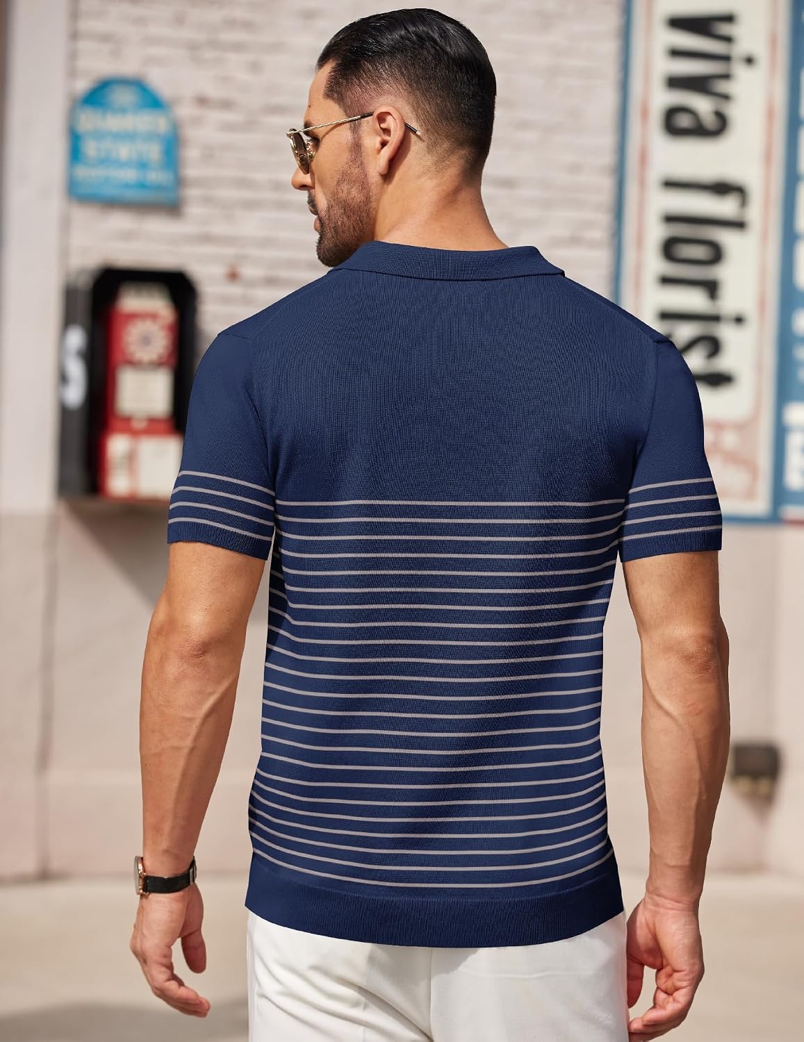 image:imageCOOFANDY Mens Short Sleeve Polo Shirts Vintage Knitted Shirt Casual Button Down Golf ShirtsNavy Blue Grey Stripes