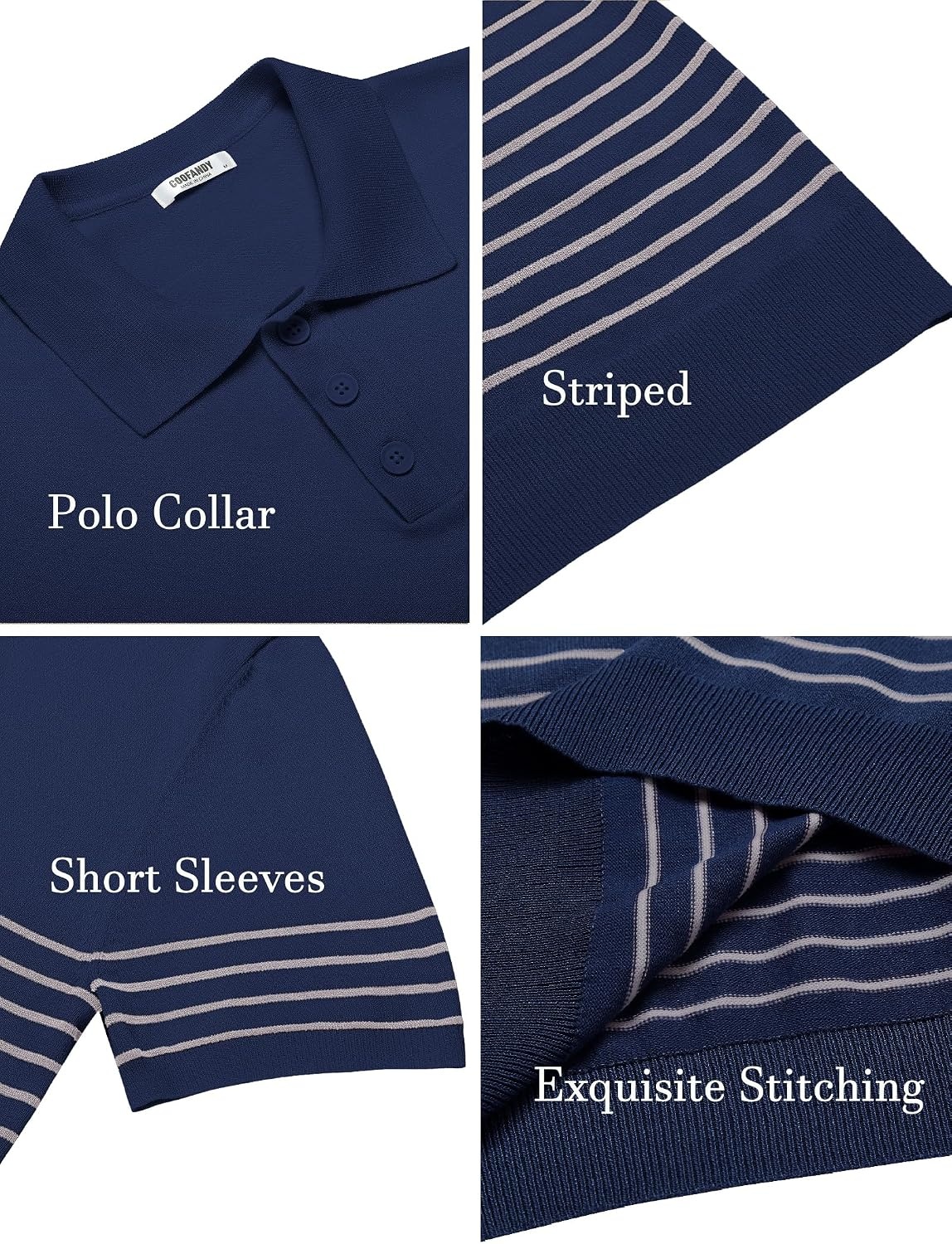 image:imageCOOFANDY Mens Short Sleeve Polo Shirts Vintage Knitted Shirt Casual Button Down Golf ShirtsNavy Blue Grey Stripes