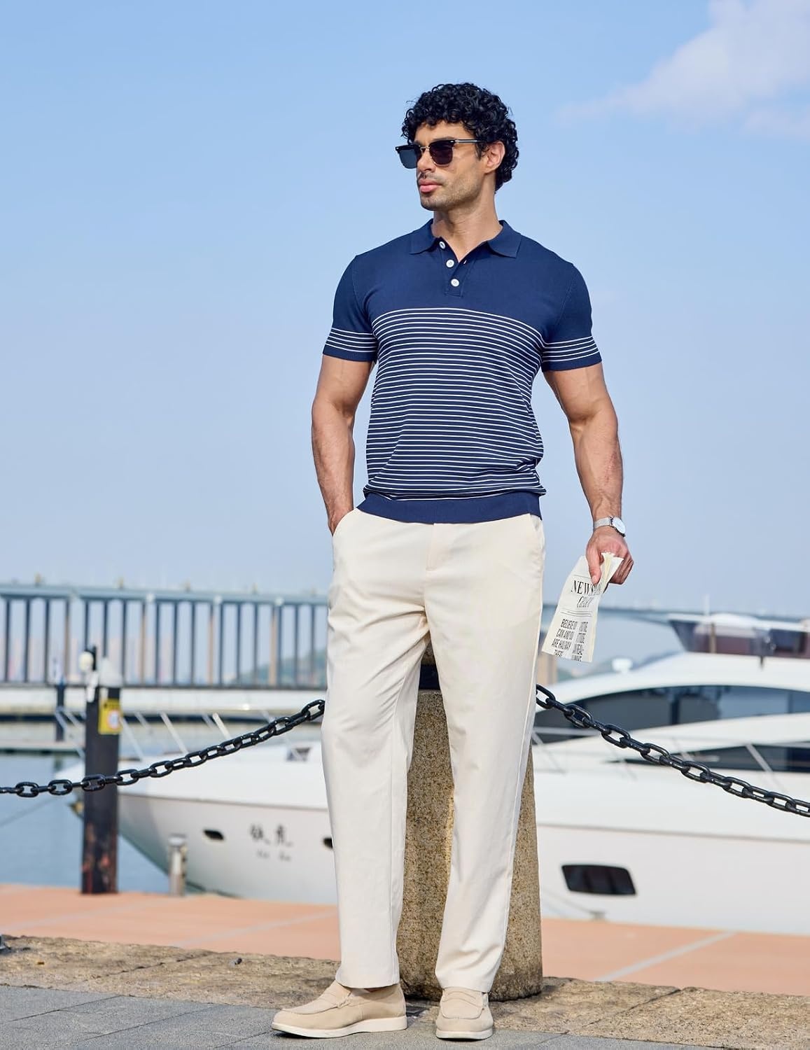 image:imageCOOFANDY Mens Short Sleeve Polo Shirts Vintage Knitted Shirt Casual Button Down Golf ShirtsNavy Blue White Stripes
