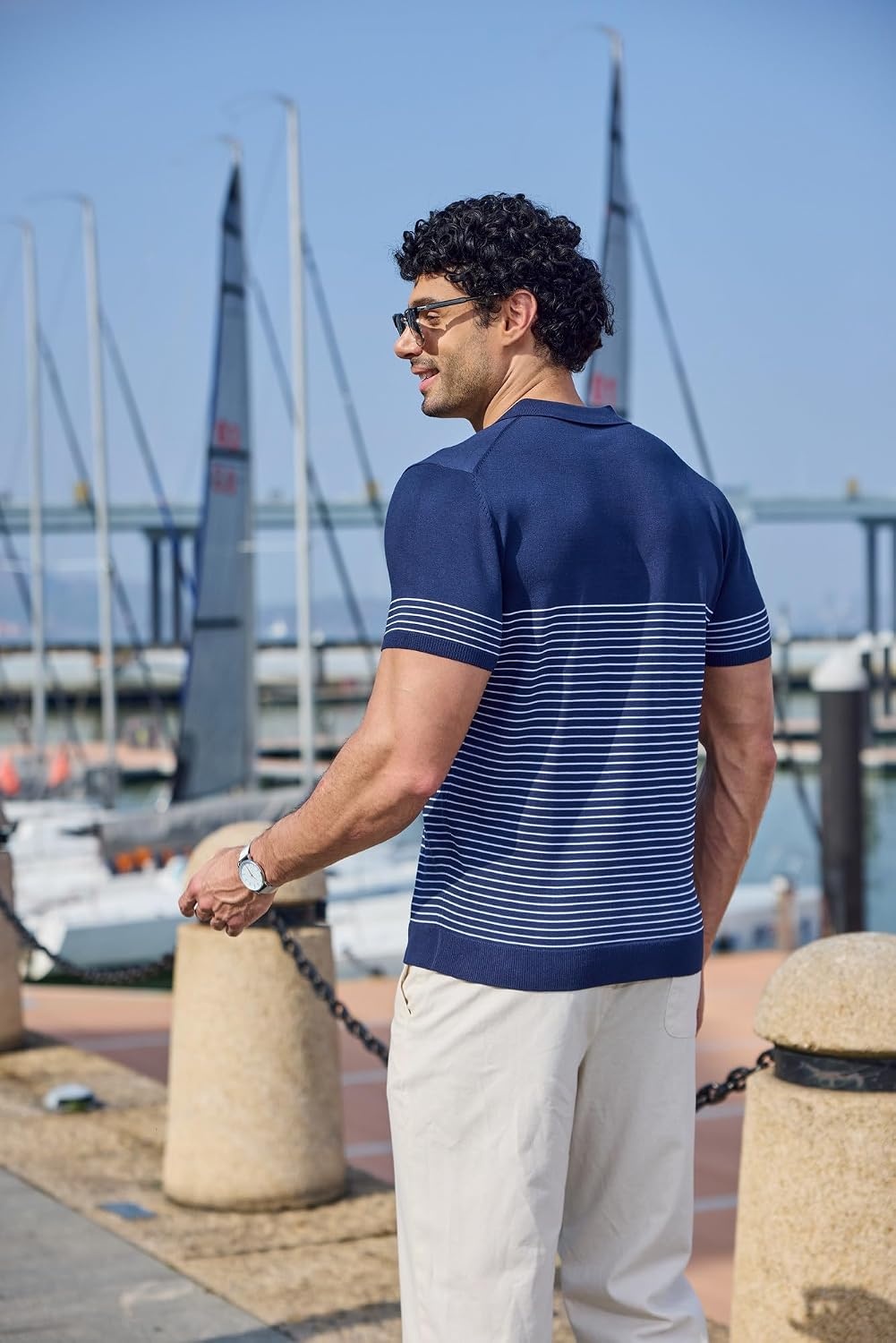 image:imageCOOFANDY Mens Short Sleeve Polo Shirts Vintage Knitted Shirt Casual Button Down Golf ShirtsNavy Blue White Stripes