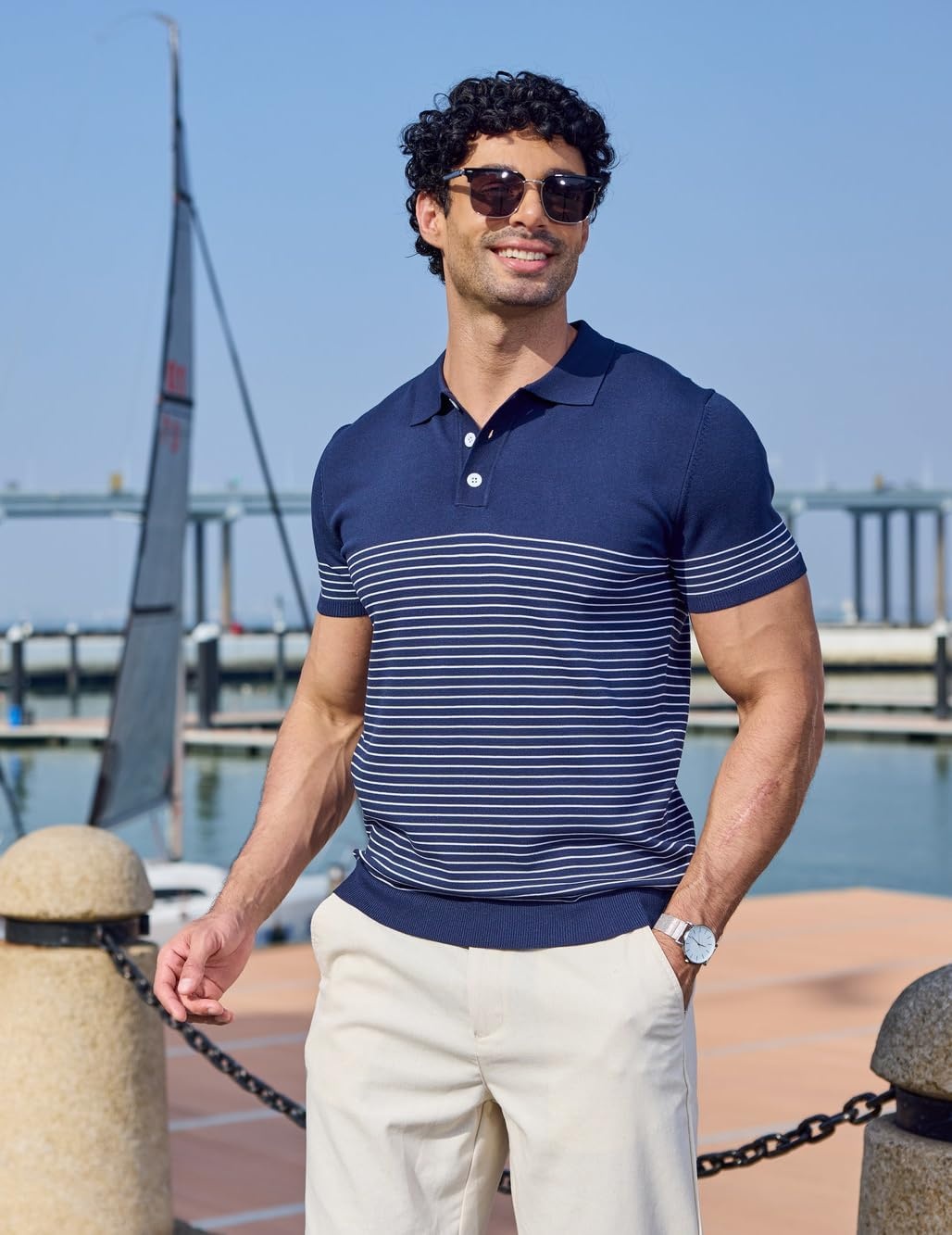 image:imageCOOFANDY Mens Short Sleeve Polo Shirts Vintage Knitted Shirt Casual Button Down Golf ShirtsNavy Blue White Stripes