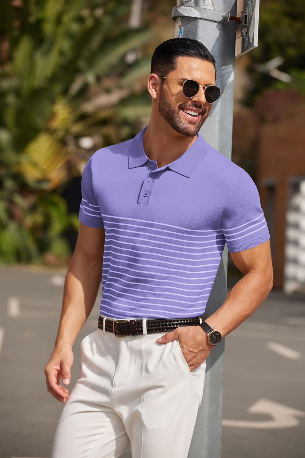 image:imageCOOFANDY Mens Short Sleeve Polo Shirts Vintage Knitted Shirt Casual Button Down Golf ShirtsPurplewhite Stripes