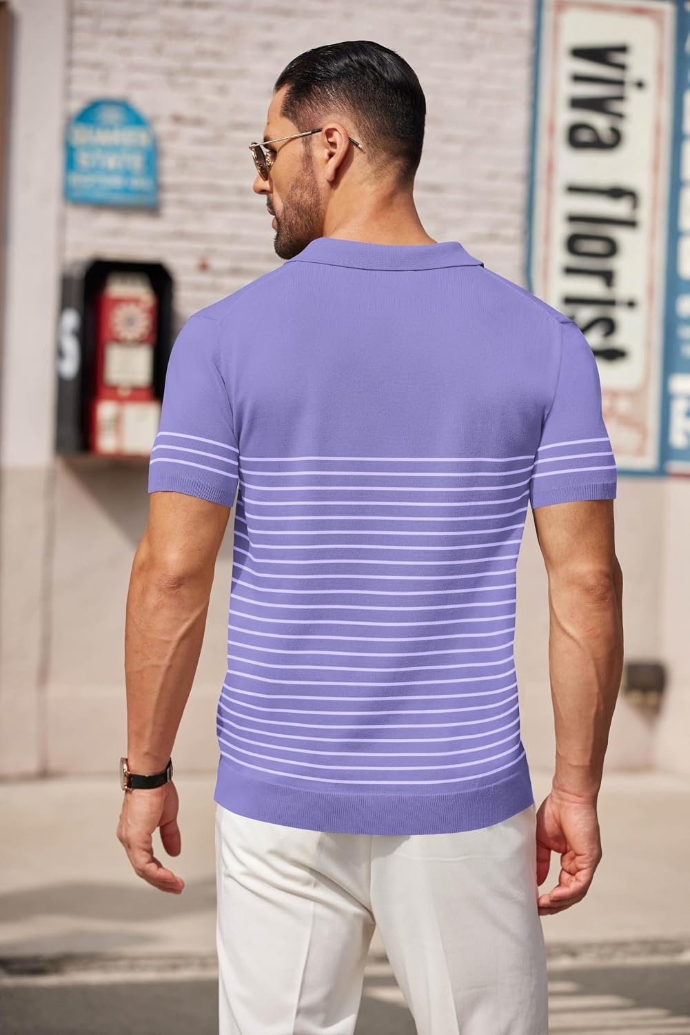 image:imageCOOFANDY Mens Short Sleeve Polo Shirts Vintage Knitted Shirt Casual Button Down Golf ShirtsPurplewhite Stripes