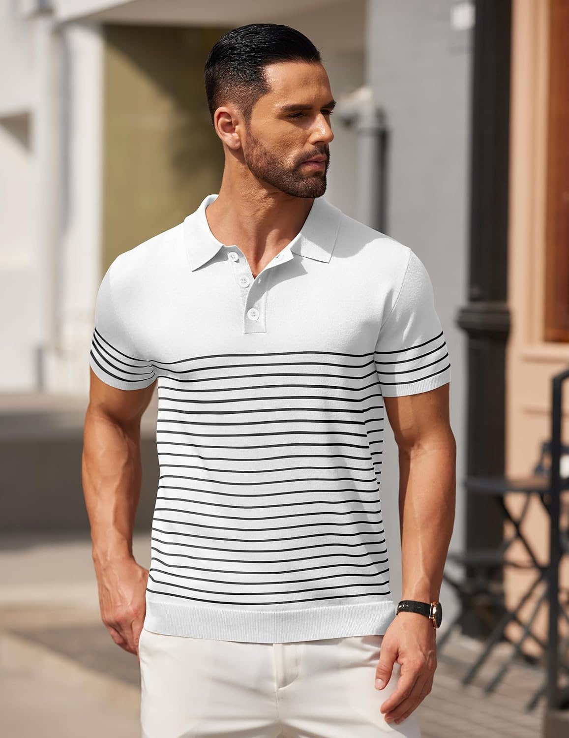 image:imageCOOFANDY Mens Short Sleeve Polo Shirts Vintage Knitted Shirt Casual Button Down Golf ShirtsWhite Black Stripes