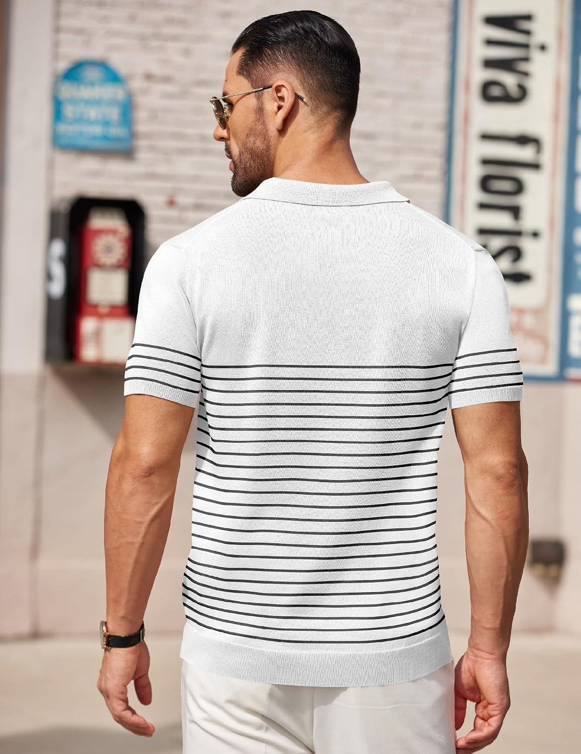 image:imageCOOFANDY Mens Short Sleeve Polo Shirts Vintage Knitted Shirt Casual Button Down Golf ShirtsWhite Black Stripes