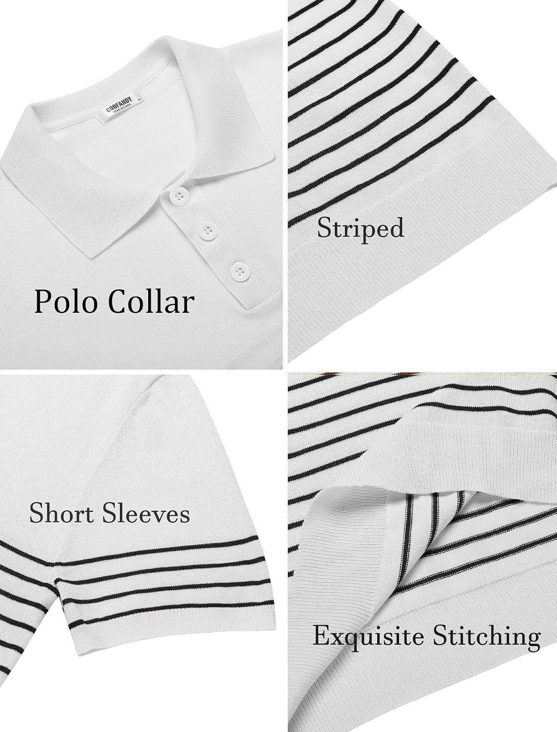 image:imageCOOFANDY Mens Short Sleeve Polo Shirts Vintage Knitted Shirt Casual Button Down Golf ShirtsWhite Black Stripes