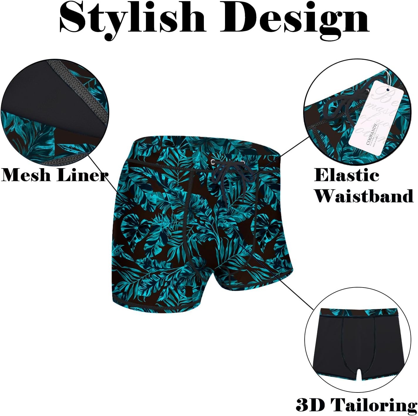 image:imageCOOFANDY Mens Square Leg Swim Briefs Tight Swim Trunks Swimsuit Athletic Bathing Suit Swimwear with LinerPattern Black Leaves