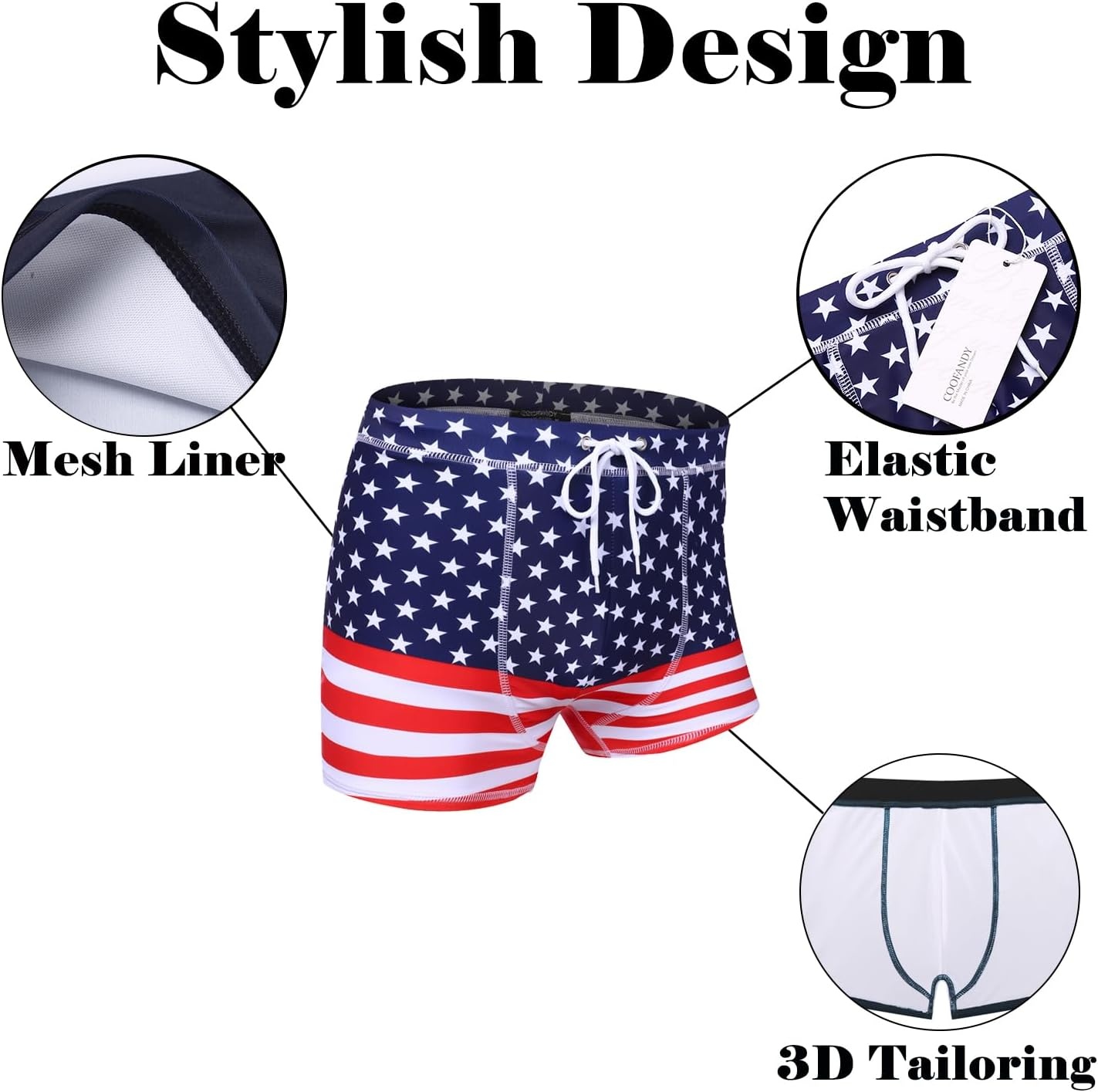 image:imageCOOFANDY Mens Square Leg Swim Briefs Tight Swim Trunks Swimsuit Athletic Bathing Suit Swimwear with LinerPattern4 American Flag